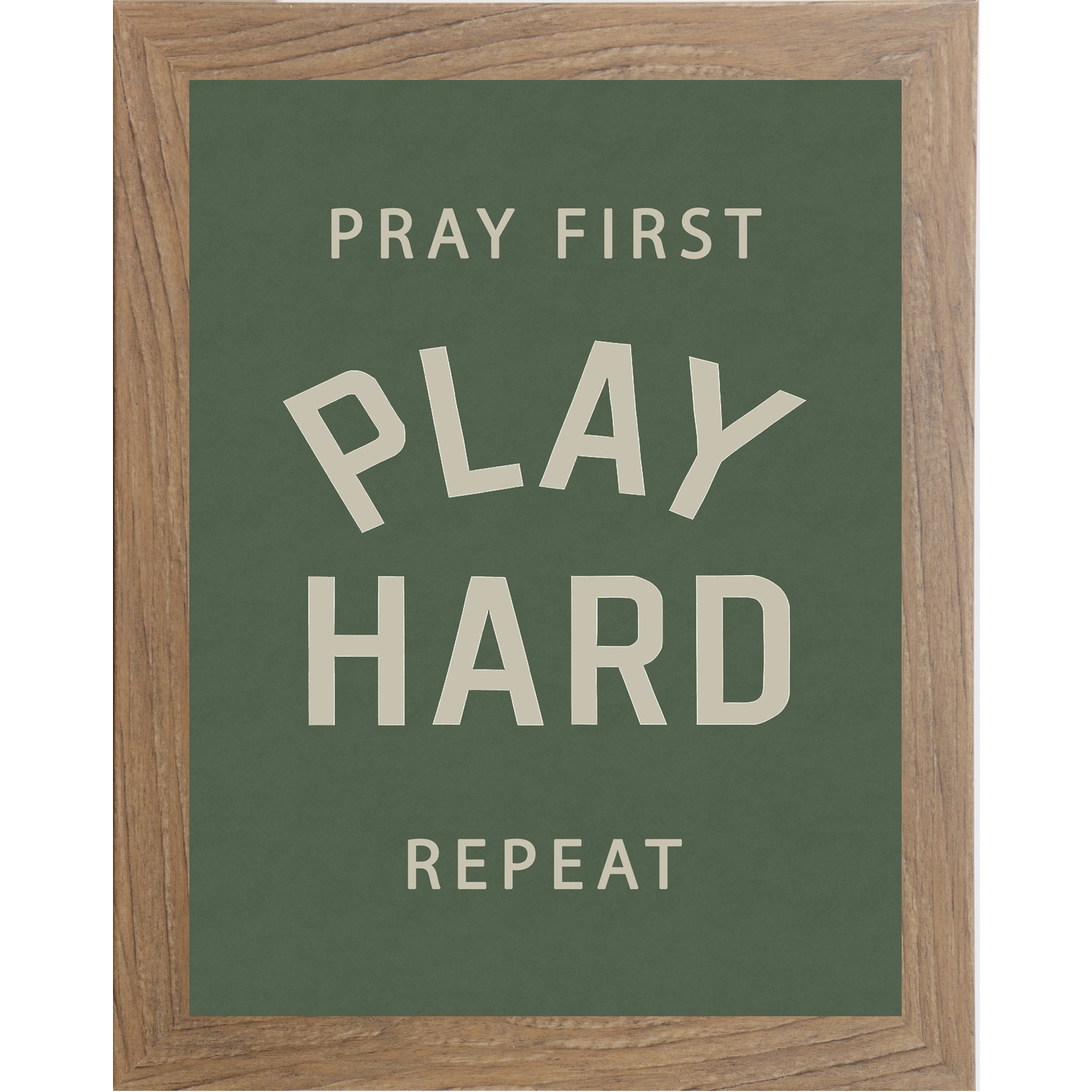 Farmtable frame color Framed motivational sports wall art with green background reading Pray First Play Hard Repeat for athlete bedroom decor and faith inspired sports spaces.