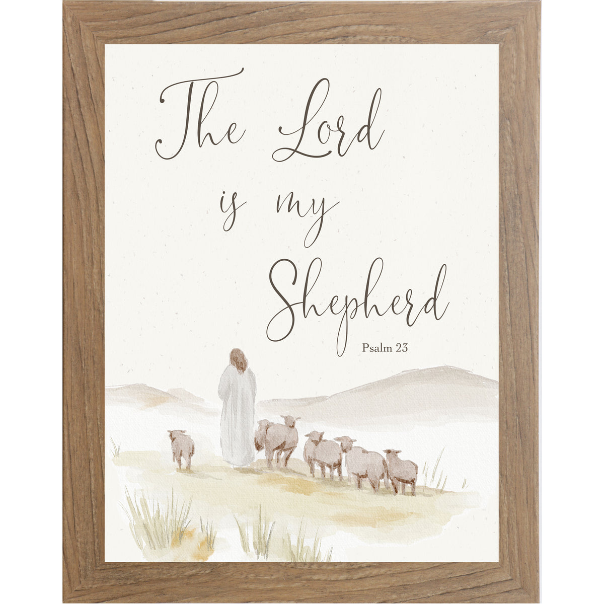 Vertical Psalm 23 wall art featuring The Lord Is My Shepherd verse above a watercolor shepherd and sheep landscape on a neutral background.