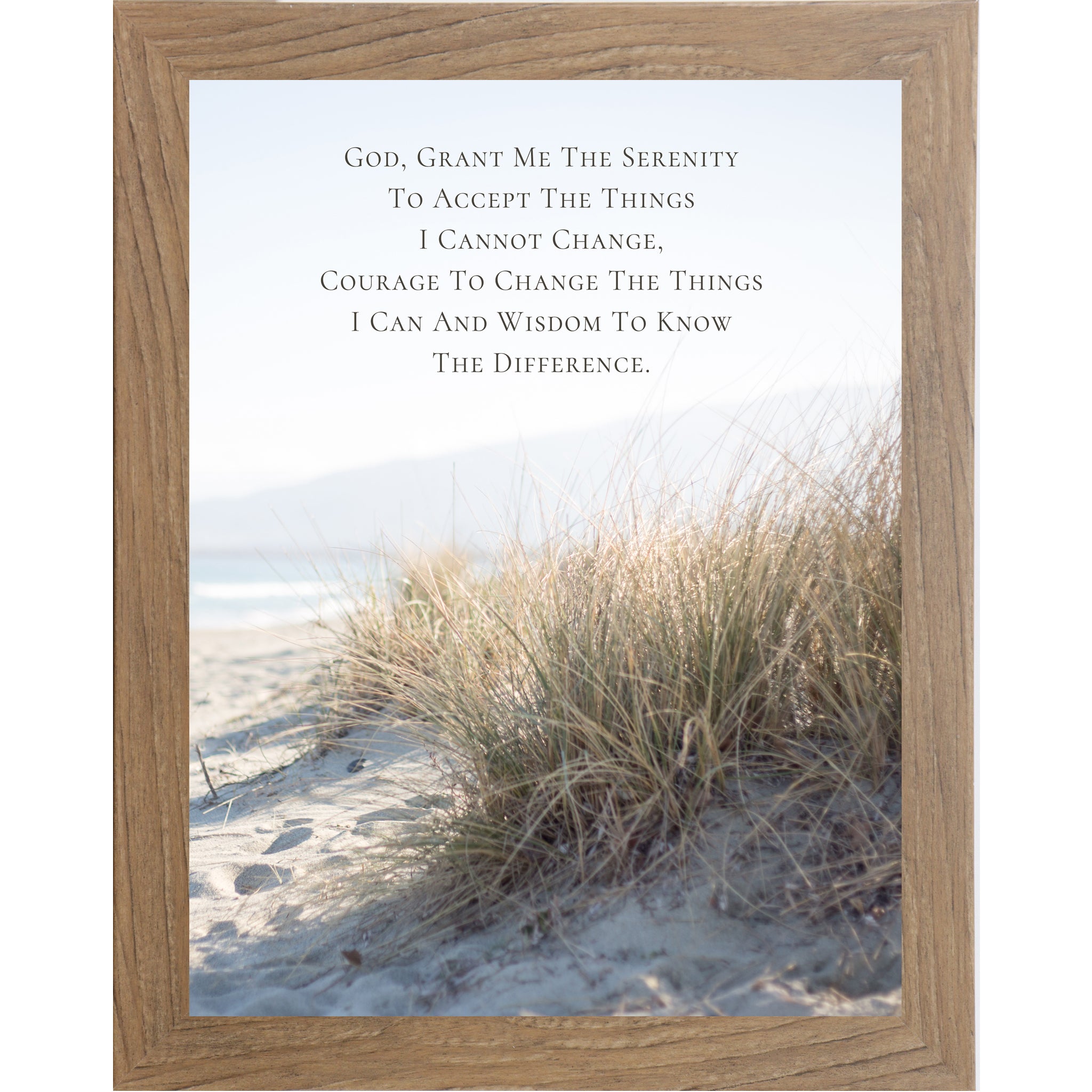 Farmtable framed portrait Serenity Prayer wall art with coastal beach dune grass photography ocean view and misty hills — Christian scripture faith decor