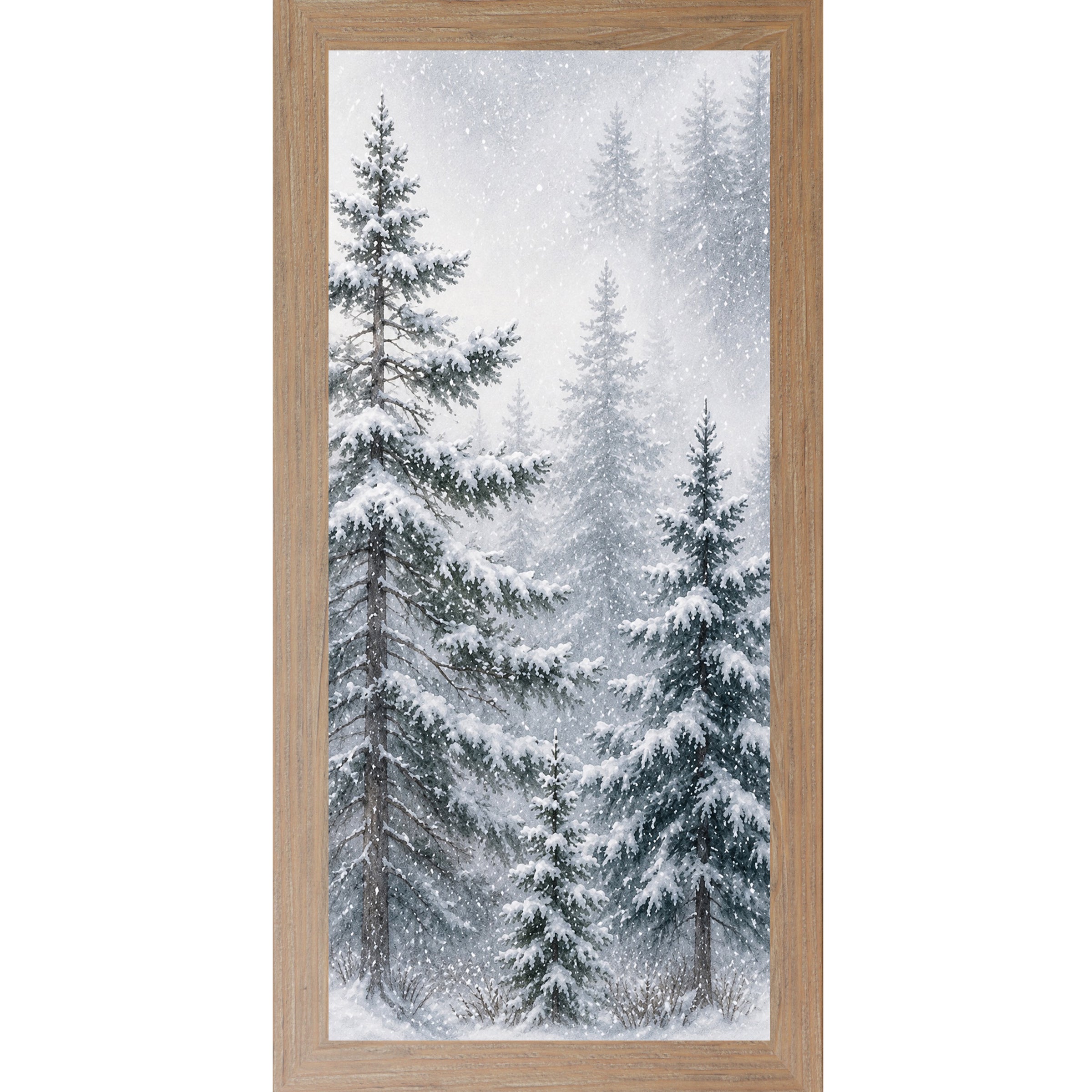 Farmtable framed narrow portrait watercolor winter wall art featuring a snowy pine forest with a tall evergreen leaning left through falling snow