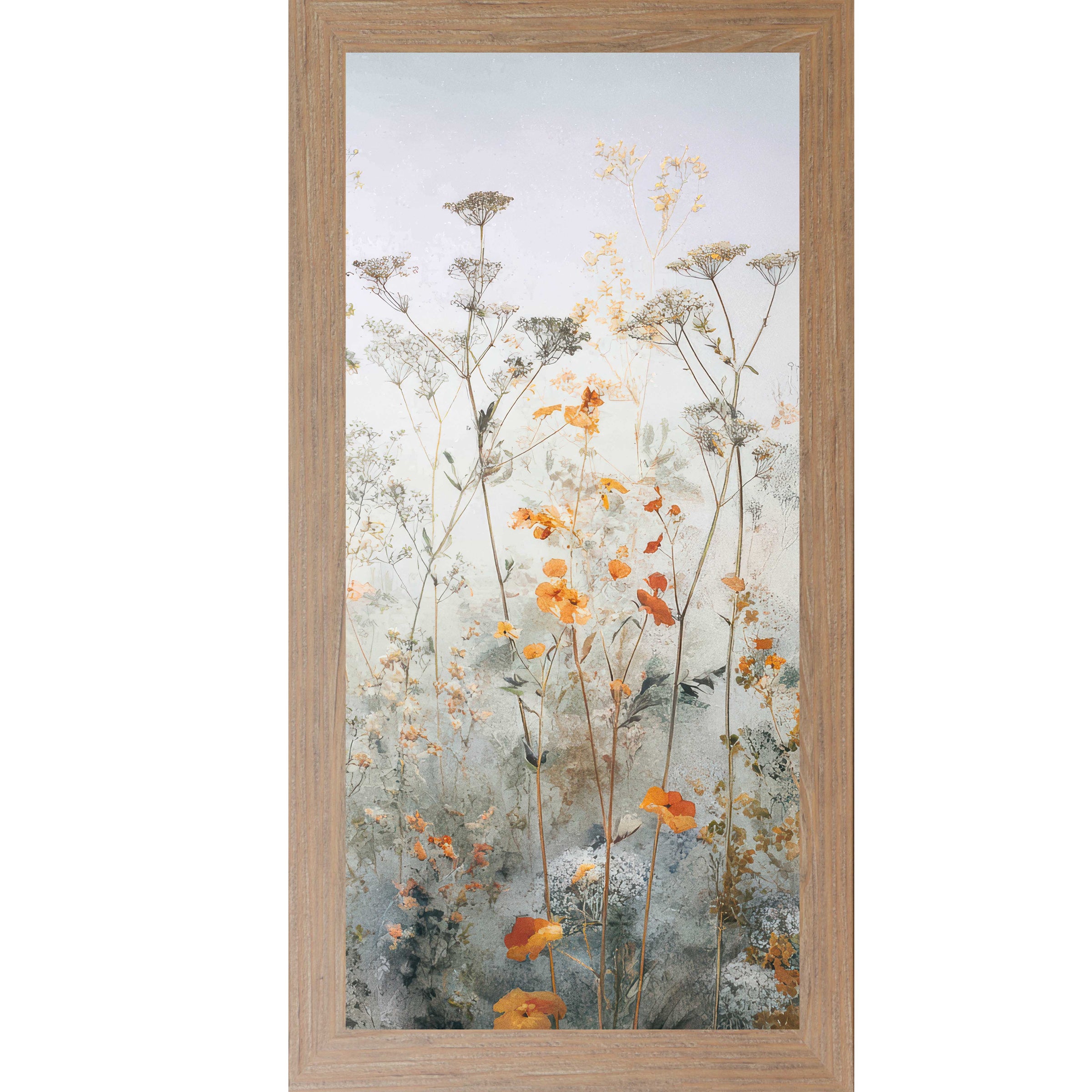 Farmtable color frame of a Tall vertical spring wildflower wall art featuring delicate meadow flowers on a light blue background
