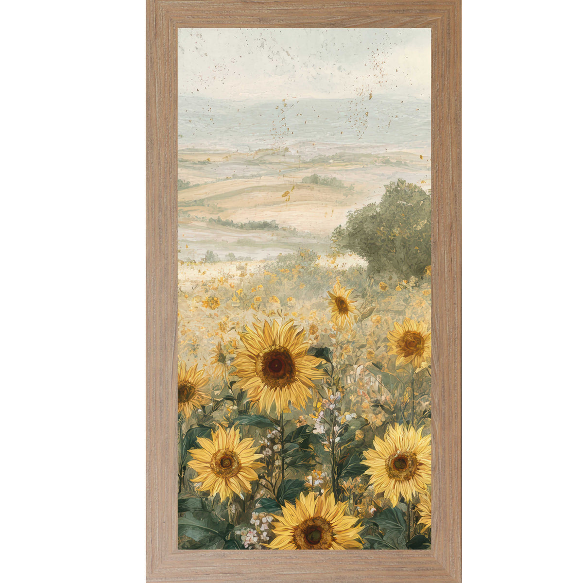 Vertical framed sunflower wall art featuring golden sunflowers in a soft watercolor meadow with rolling hills and pale sky, calm floral nature decor with no text.
