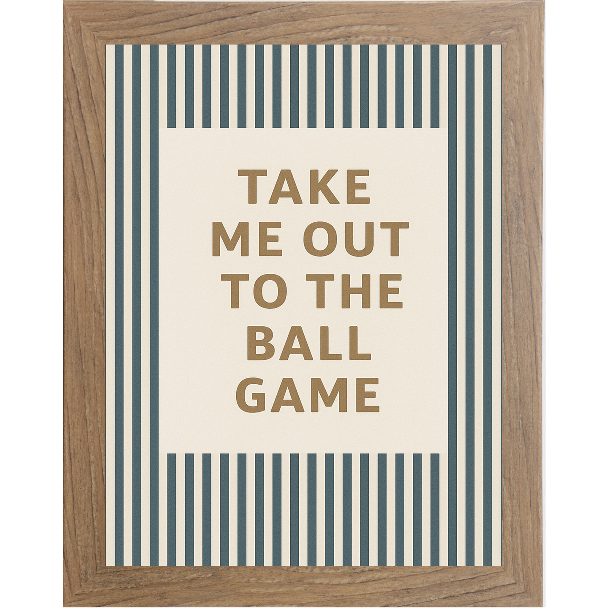 Farmtable frame color with Baseball themed framed wall art featuring the phrase “Take Me Out To The Ball Game” on an off white background with vintage teal baseball pinstripes.