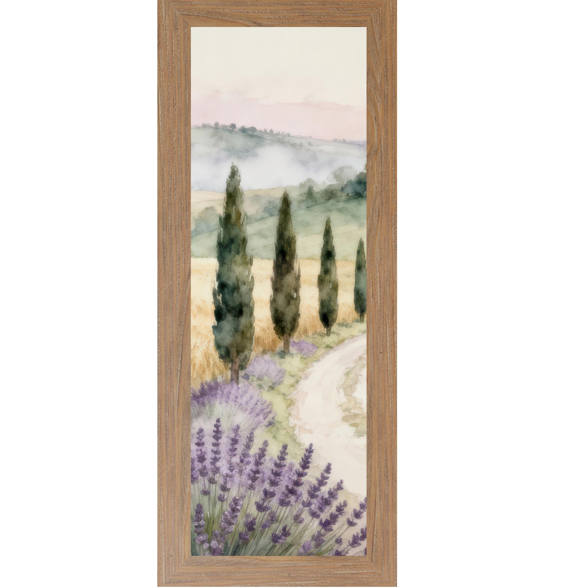 Farmtable framed narrow portrait Tuscan watercolor wall art with lavender foreground cypress trees winding path and misty golden fields — Italian countryside slim vertical decor