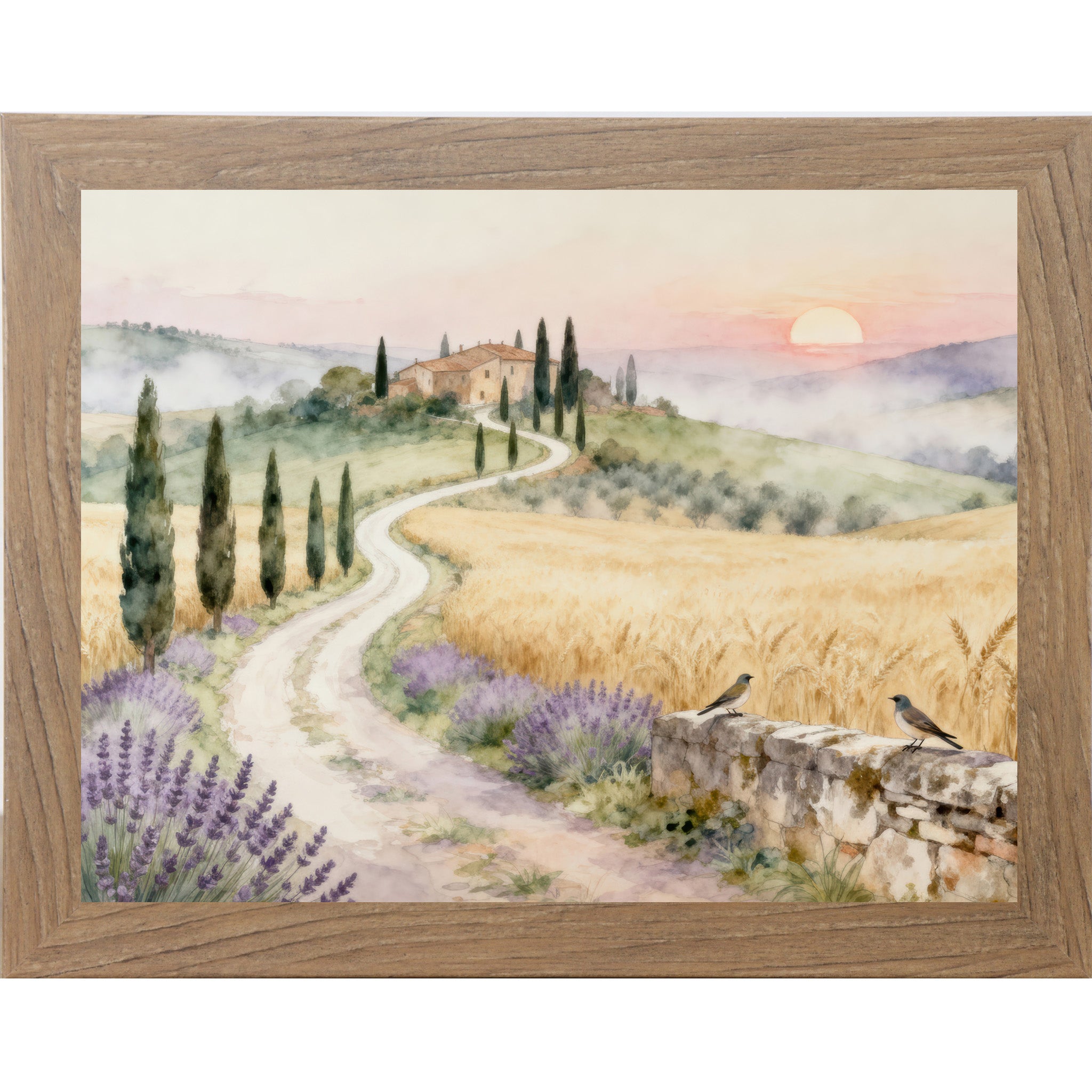 Farmtable framed landscape Tuscan watercolor wall art with winding road cypress trees lavender fields and villa at sunrise with two bluebirds on stone wall — triptych center piece