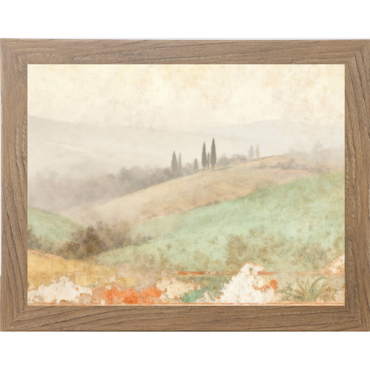 Farmtable framed landscape Tuscan wall art with misty valley rolling sage hills and cypress trees with distressed fresco botanical border — Italian countryside companion piece