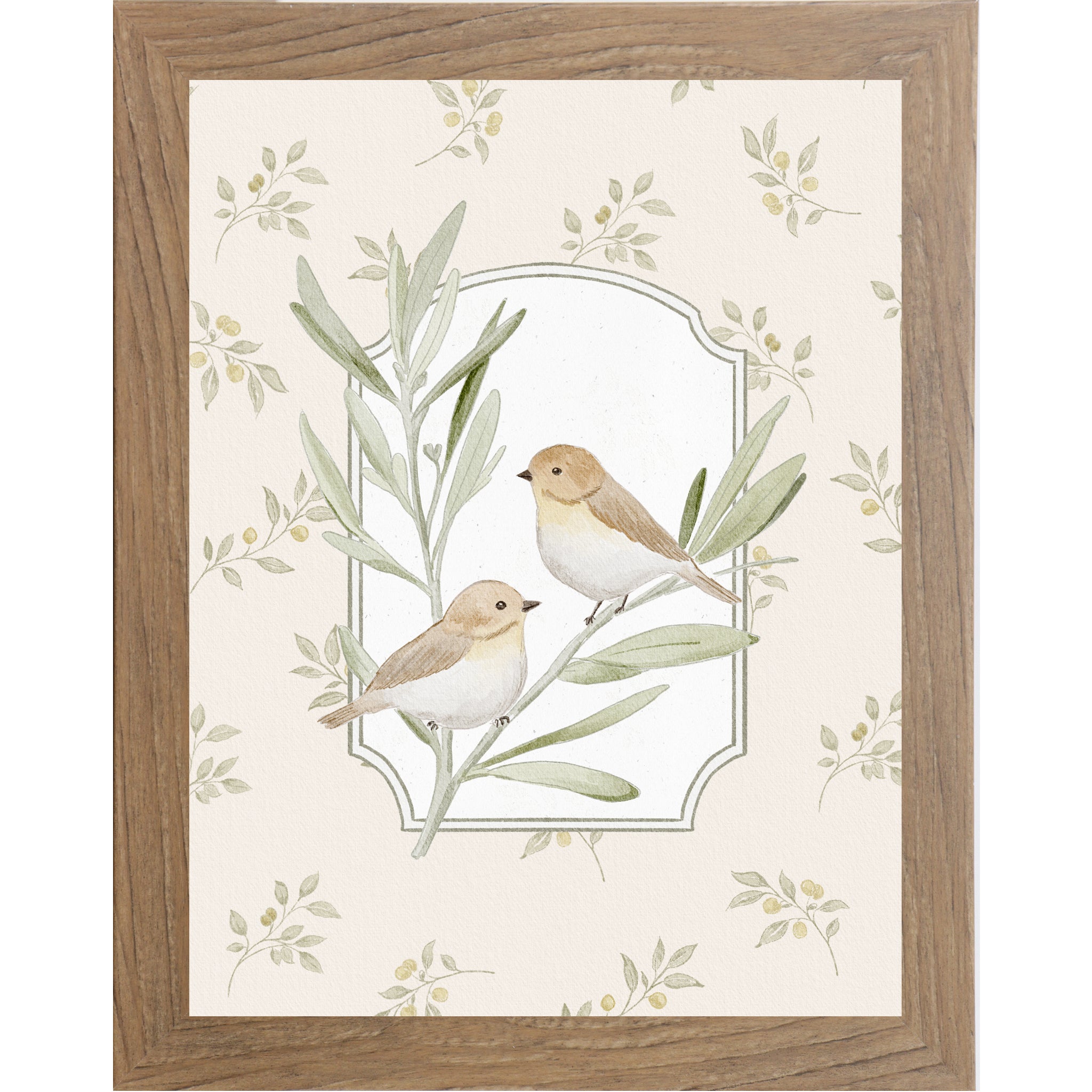 Farmtable Color Frame Vertical vintage bird wall art featuring two tan sparrows on leafy branches inside ornate frame panel with soft neutral floral background.