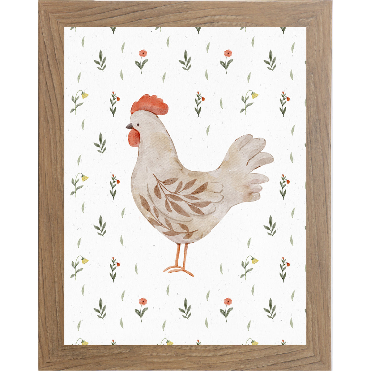 Left facing watercolor hen wall art with neutral farmhouse chicken illustration and delicate florals.