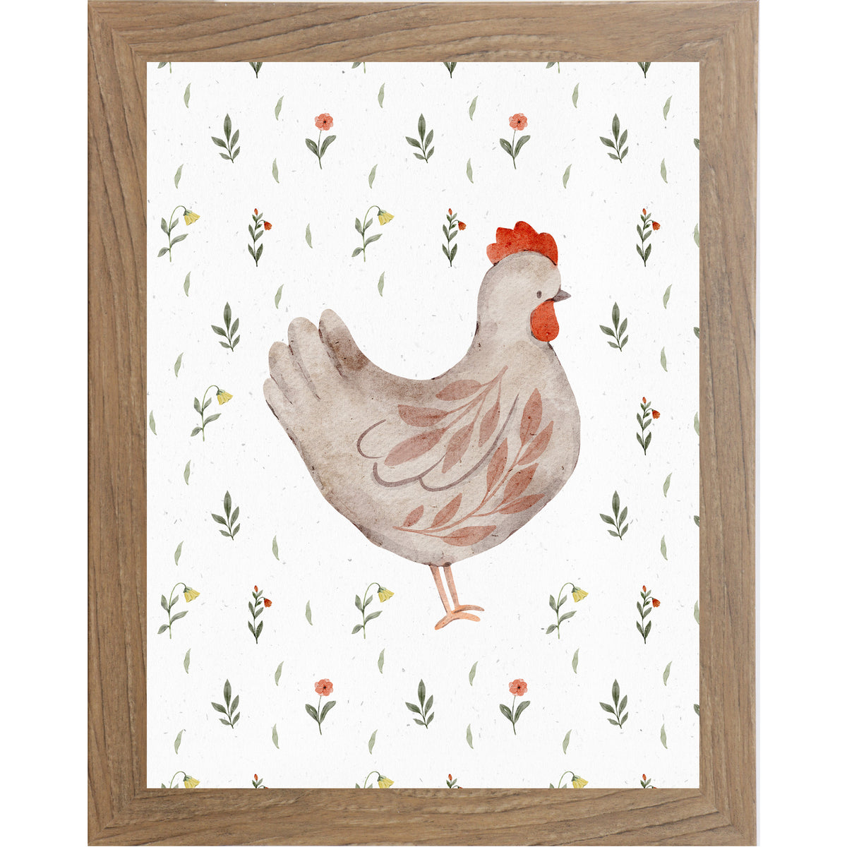 Right facing watercolor chicken wall art with neutral hen illustration and small florals on a farmhouse white background.