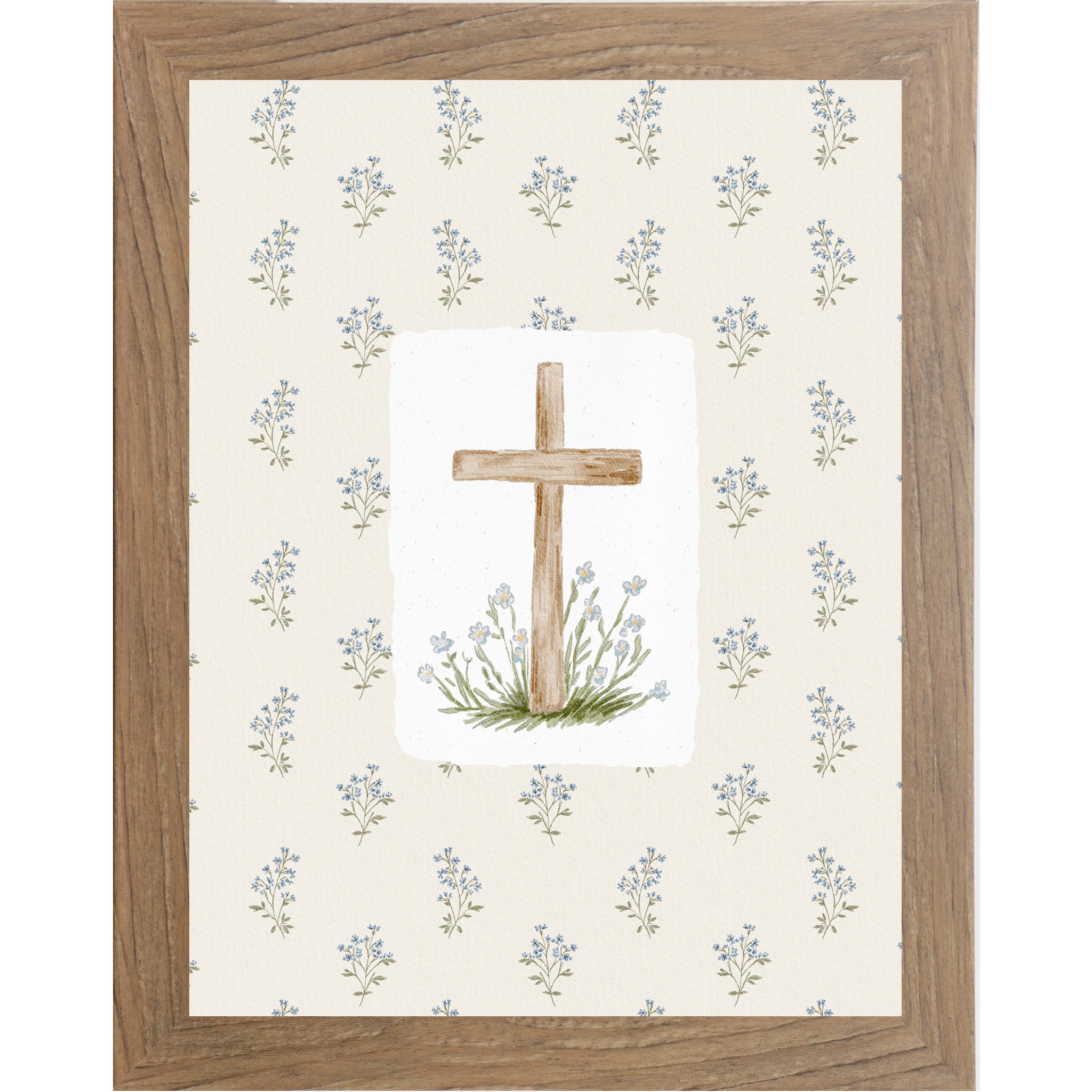 Vertical wooden cross wall art with soft blue florals on a neutral beige background in a framed Christian decor design.