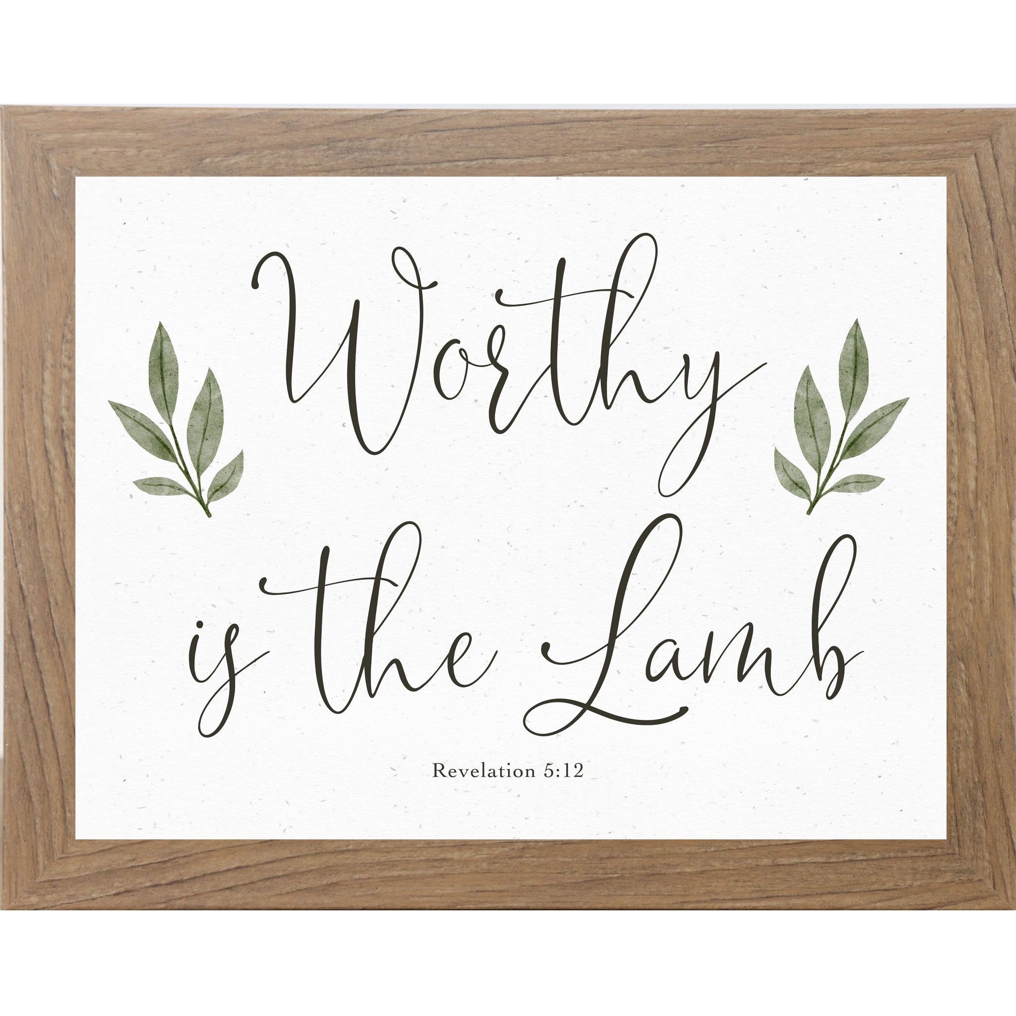 Horizontal Christian wall art featuring Worthy Is The Lamb Revelation 5:12 with green leaf accents on a neutral background.