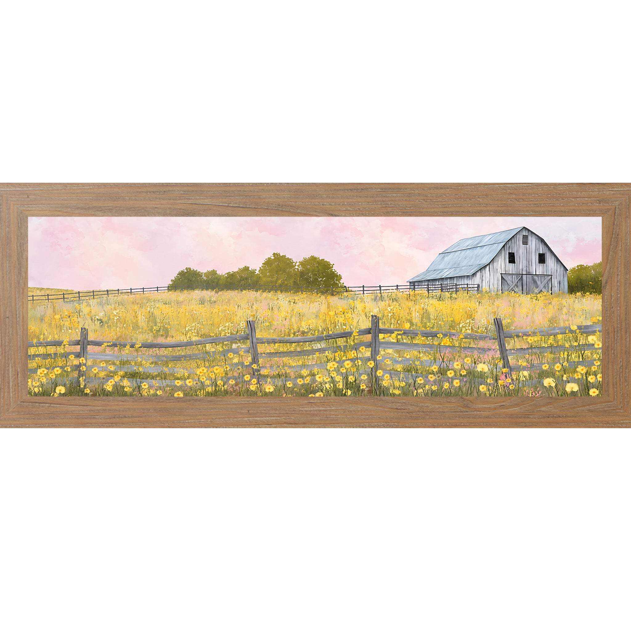 Farmtable framed wide landscape farmhouse wall art featuring a watercolor gray barn in a yellow wildflower meadow with split rail fence and soft pink sky — Yellow Wildflower Barn SB950