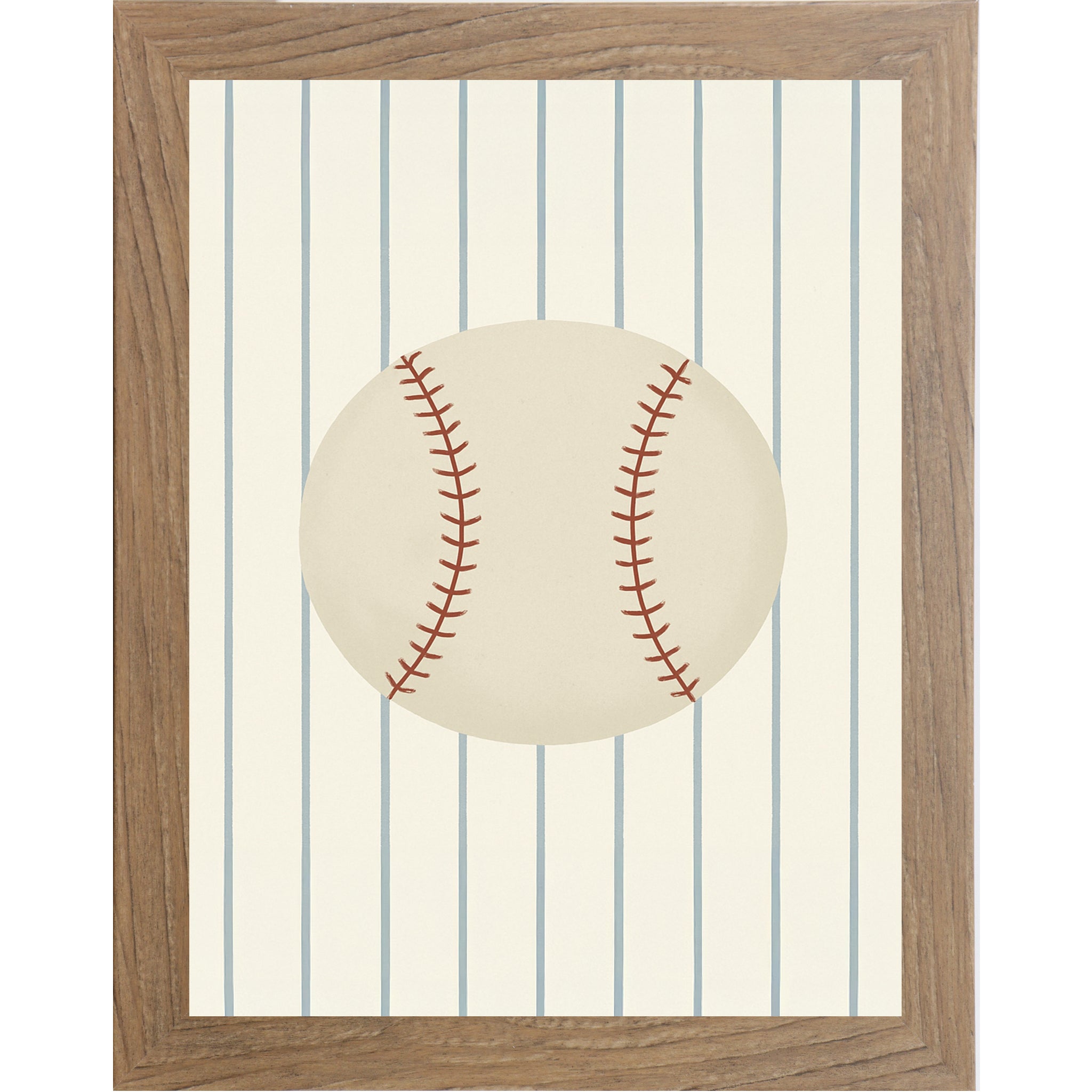 Farmtable framed portrait baseball wall art featuring a vintage cream baseball with red stitching centered on soft blue pinstripes — SB204