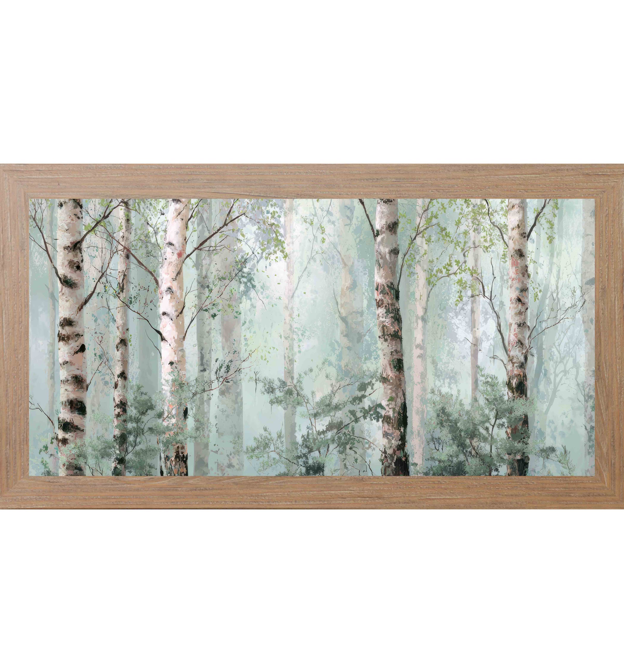 Farmtable framed wide landscape birch tree wall art featuring soft watercolor birch forest in sage green and ivory mist — Birch Forest Mist SB737
