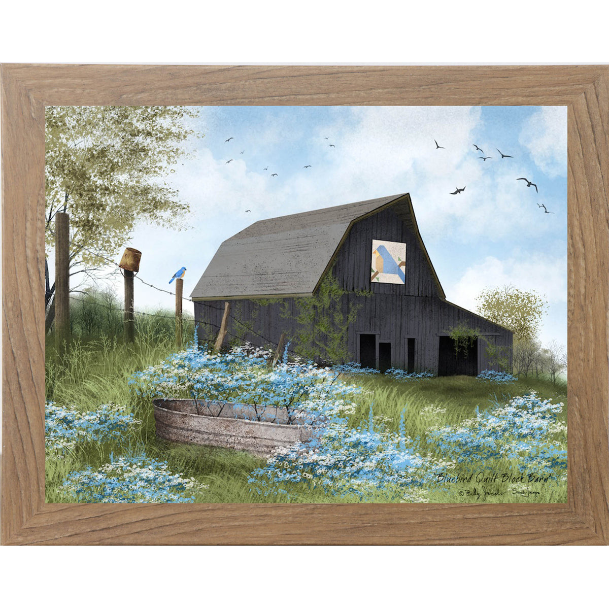 Billy Jacobs Bluebird Quilt Block Barn framed wall art featuring gray spring barn with blue wildflowers and blue sky in farmhouse style