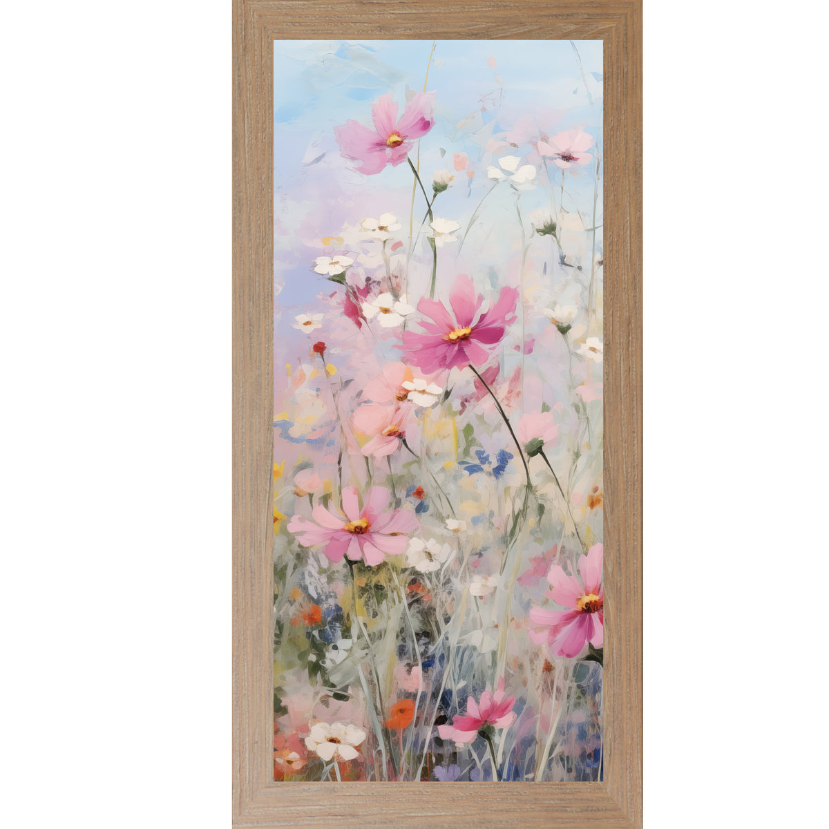 Farmtable framed tall portrait floral wall art featuring impressionist cosmos wildflowers in deep magenta pink white yellow and orange against a soft blue sky — Cosmos Meadow Left Panel SB728