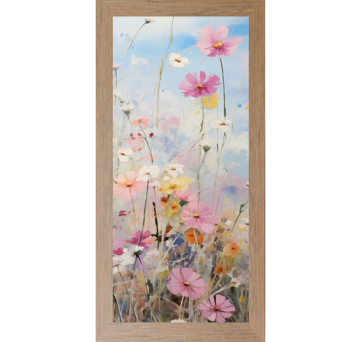 Farmtable framed tall portrait floral wall art featuring impressionist cosmos wildflowers in soft pink magenta white and yellow with blue lavender sky accents — Cosmos Meadow Right Panel SB729