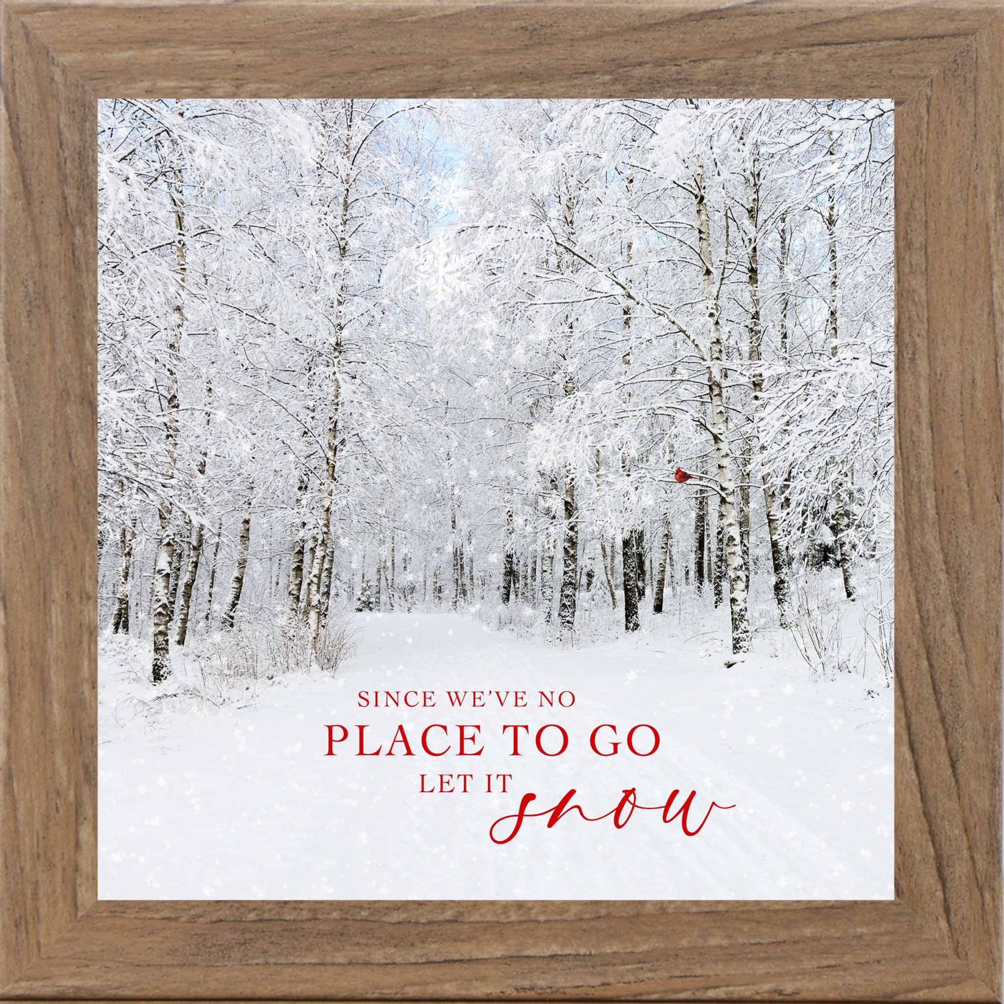 Winter snowy forest wall art with red cardinal in birch trees and red Let It Snow lyrics, square framed Christmas winter decor by Summer Snow