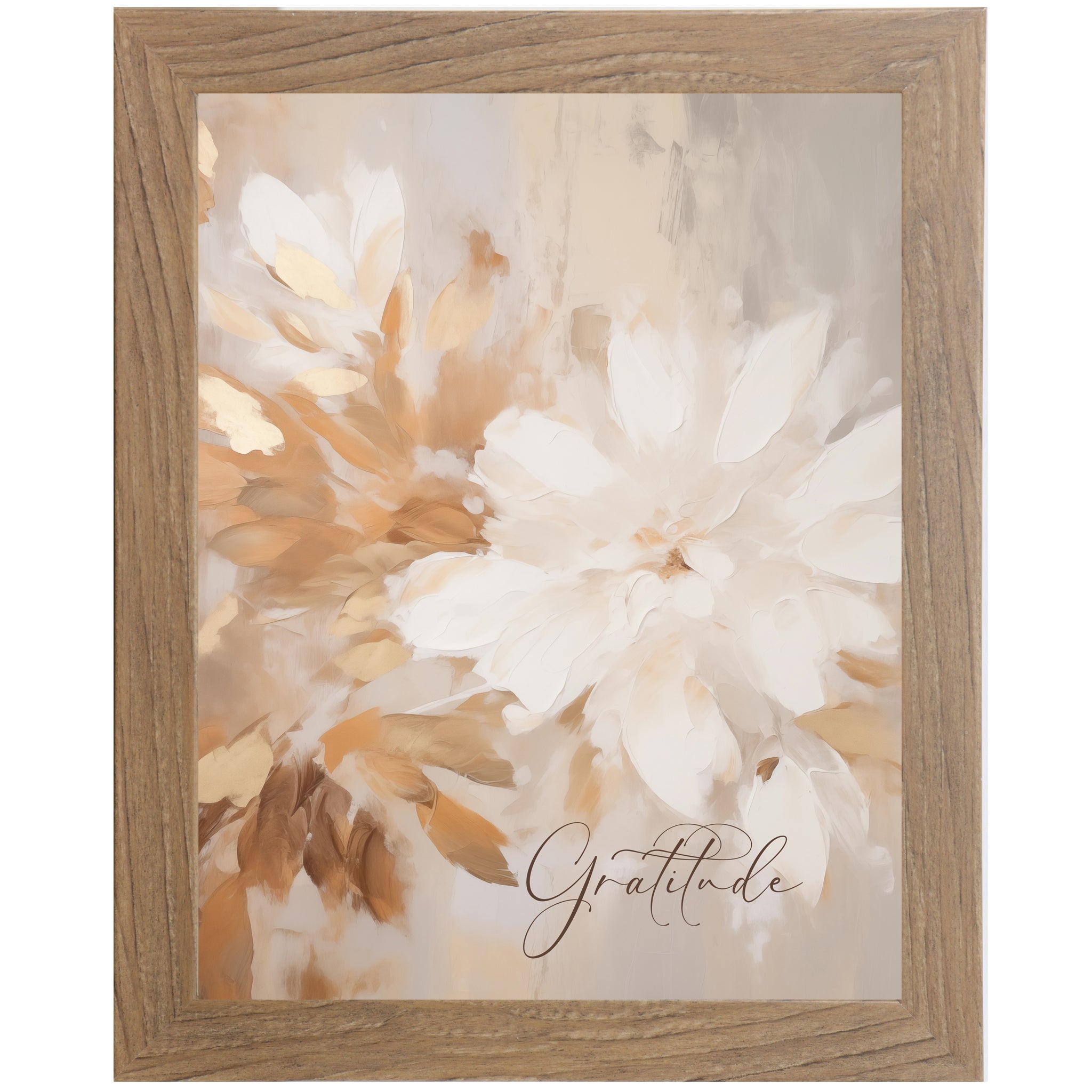 Neutral watercolor floral wall art featuring a large white abstract flower with warm tan and caramel leaves, framed in wood tones, titled Gratitude.