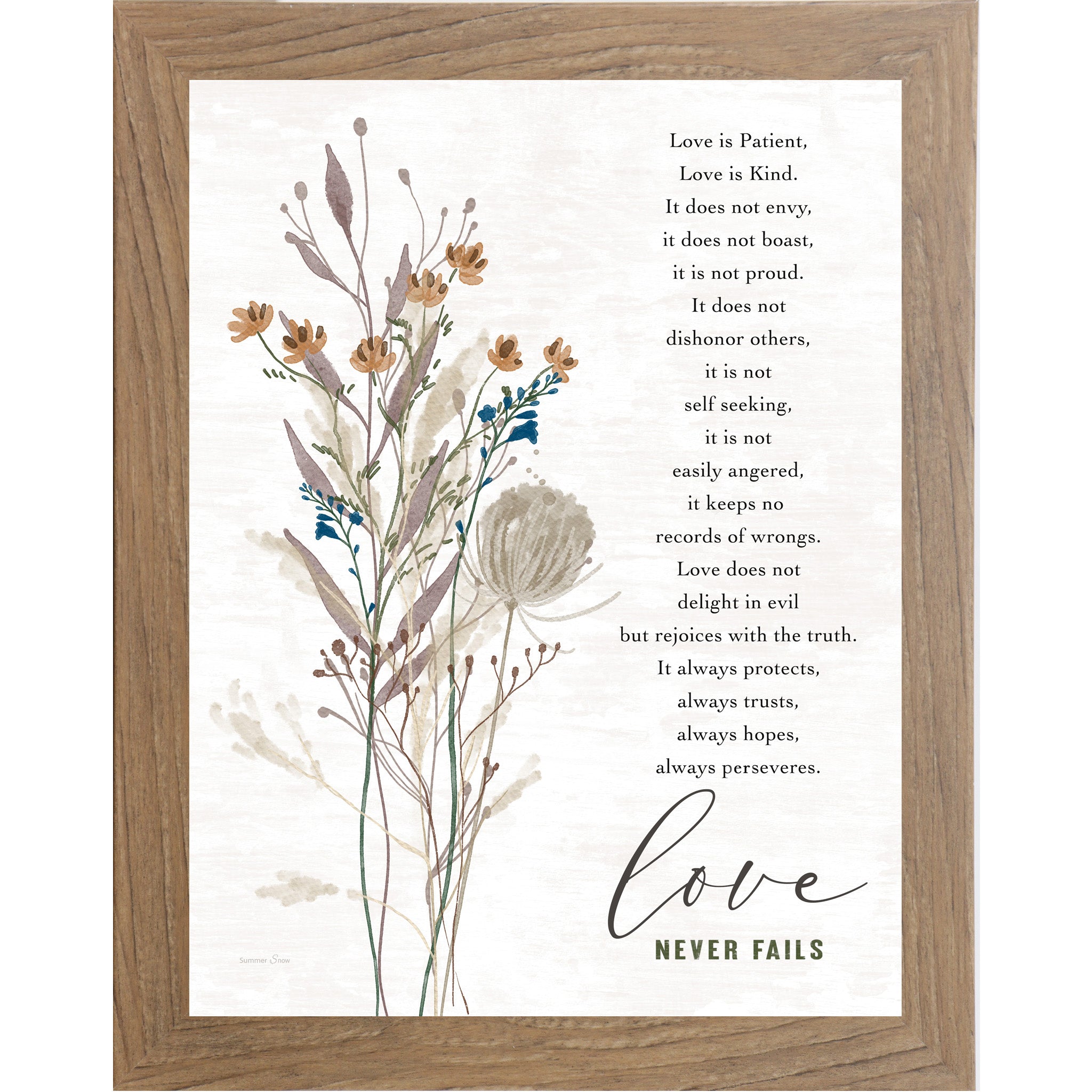 Farmtable framed portrait Christian wall art featuring watercolor wildflower botanicals with the full 1 Corinthians 13 scripture and the words "love Never Fails" — SA388