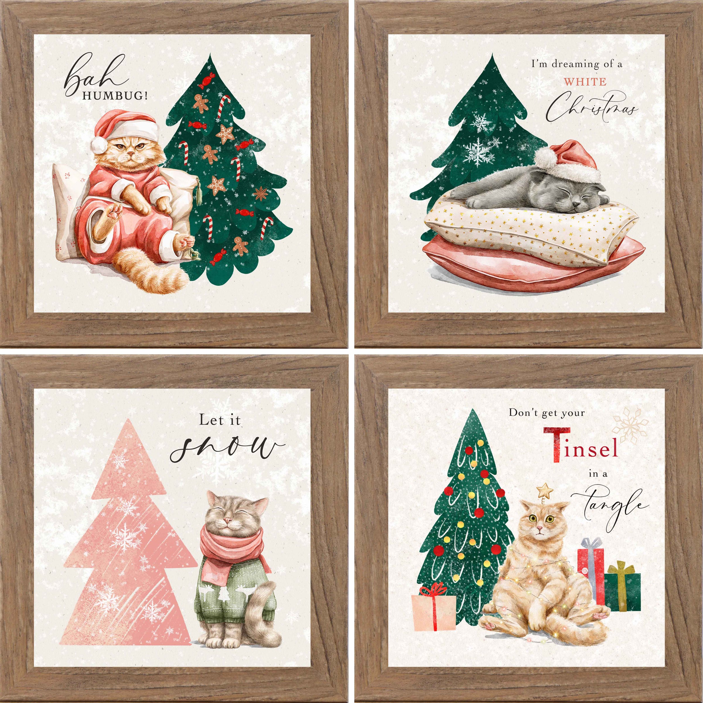 Framed cat Christmas wall art featuring whimsical holiday cats including Bah Humbug cat, Let It Snow cat, Dreaming of a White Christmas cat, and Don’t Get Your Tinsel in a Tangle cat on a neutral background with festive winter decor.