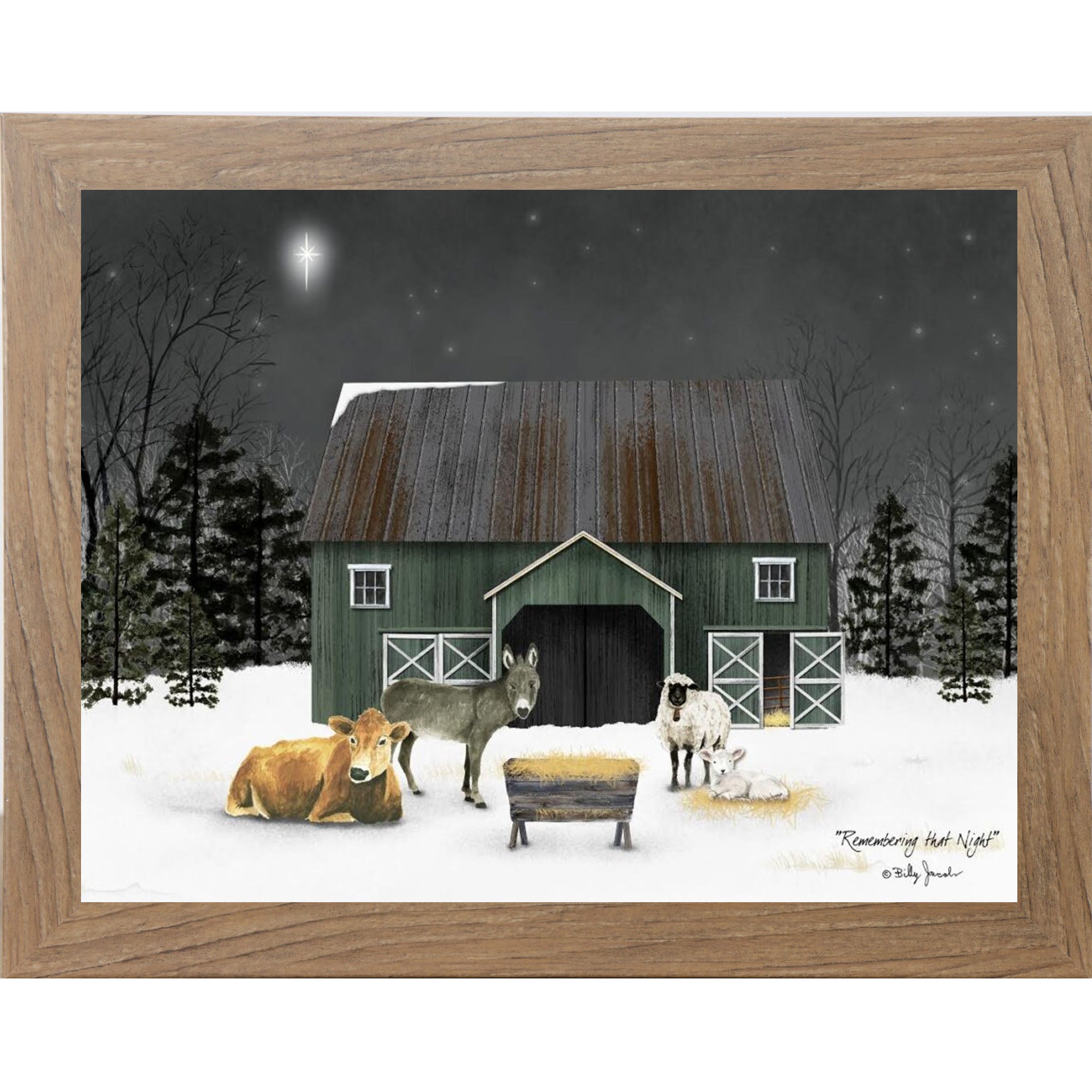 Farmtable framed landscape Billy Jacobs wall art print of a green barn on a snowy Christmas night with a cow, donkey, and sheep gathered under a brilliant star titled "Remembering That Night"