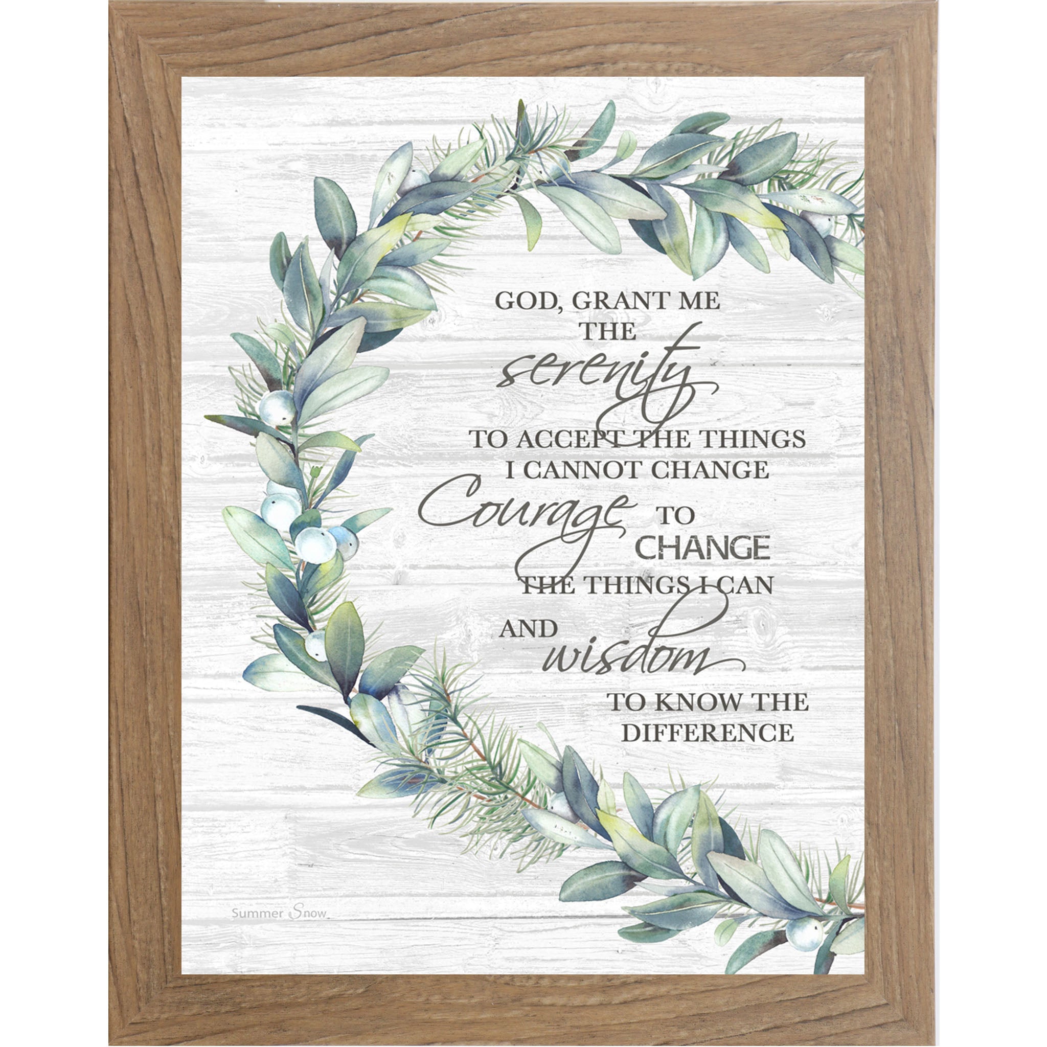 Farmtable framed portrait Serenity Prayer wall art with lush green eucalyptus botanical wreath on white woodgrain background with the words "God Grant Me the Serenity to Accept the Things I Cannot Change"
