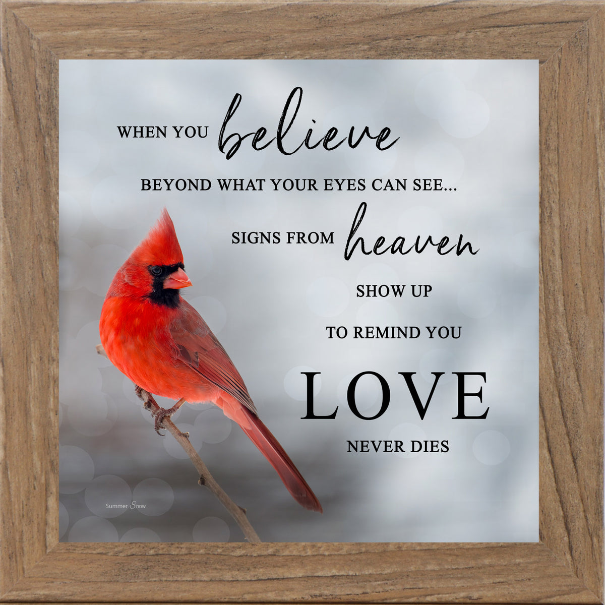 Farmtable framed square cardinal sympathy wall art featuring a photorealistic red cardinal in silver gray mist with the words "When You Believe Beyond What Your Eyes Can See Signs From Heaven Show Up to Remind You Love Never Dies" — SA26