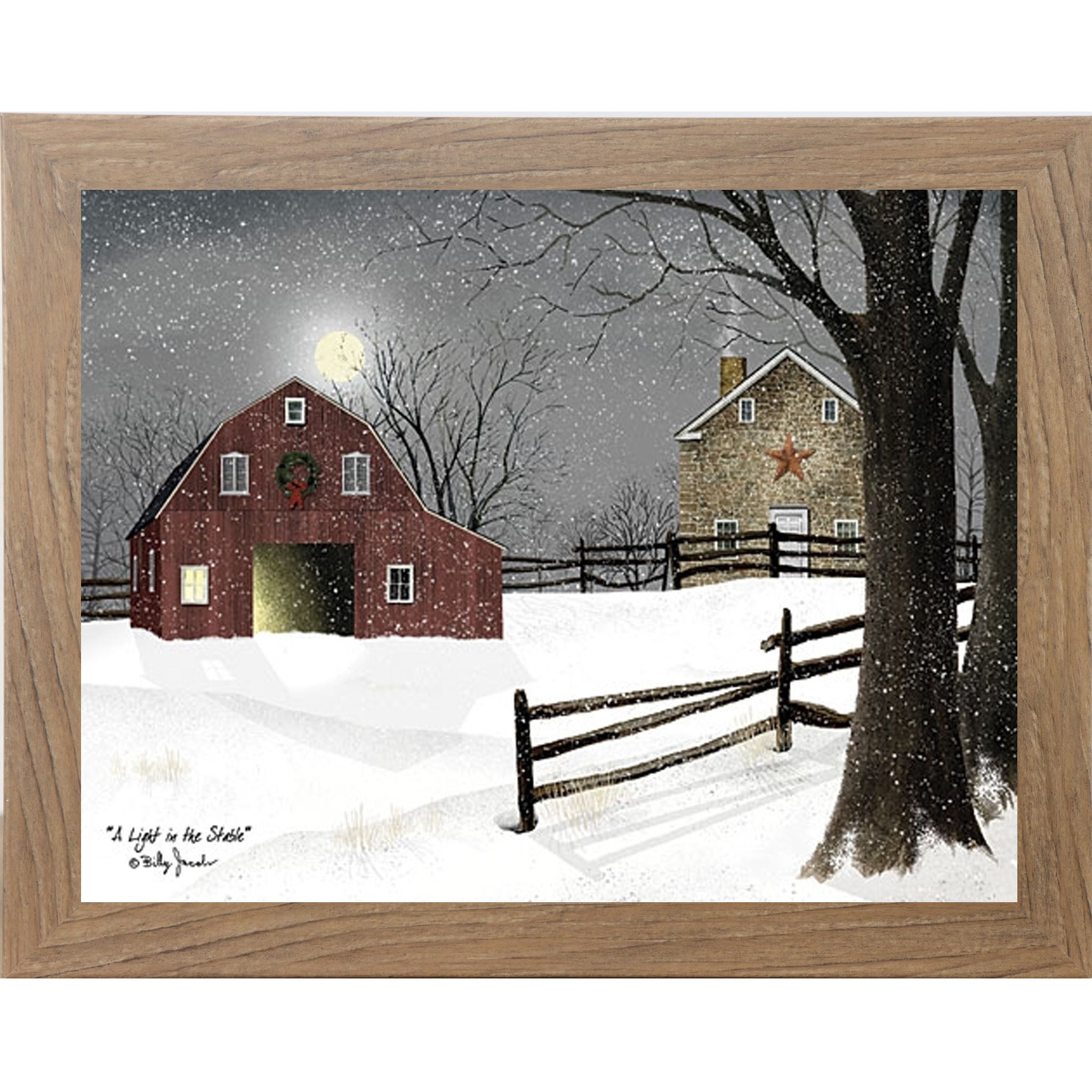 A Light in the Stable – Winter Farm Framed Wall Art by Billy Jacobs | Christmas & Americana Decor (BJ1068) - Summer Snow Art