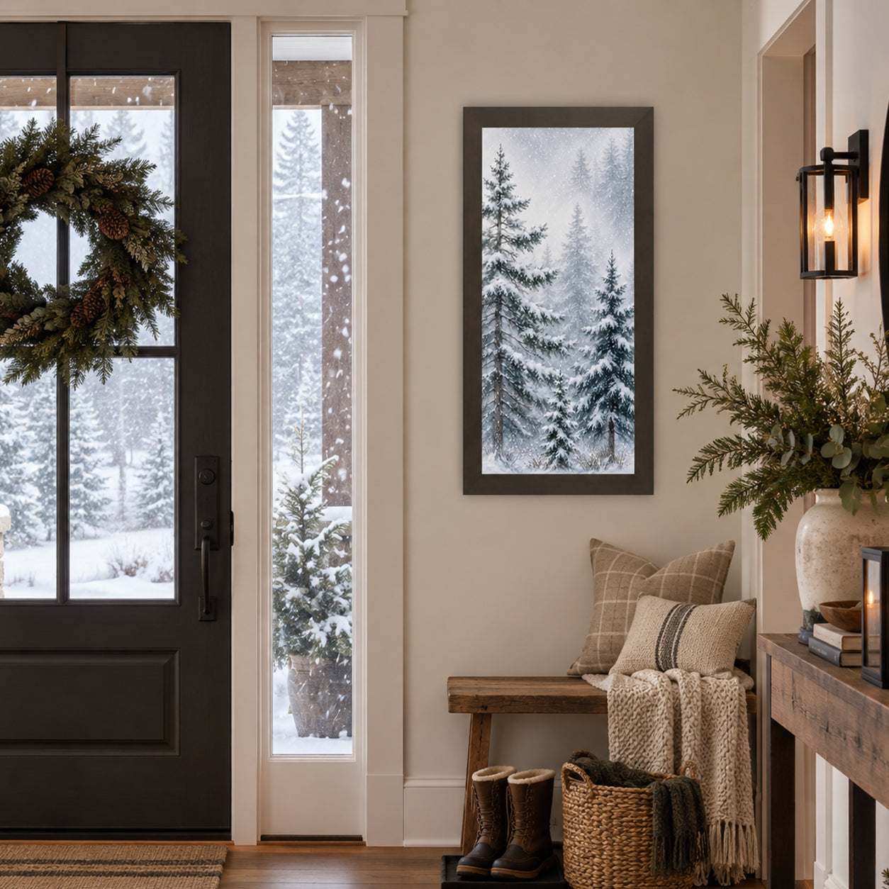 Slatewood framed snowy pine forest wall art displayed in a farmhouse entryway beside a black front door with a pinecone wreath, above a wooden bench with plaid and knit pillows, a cable knit throw, and winter boots