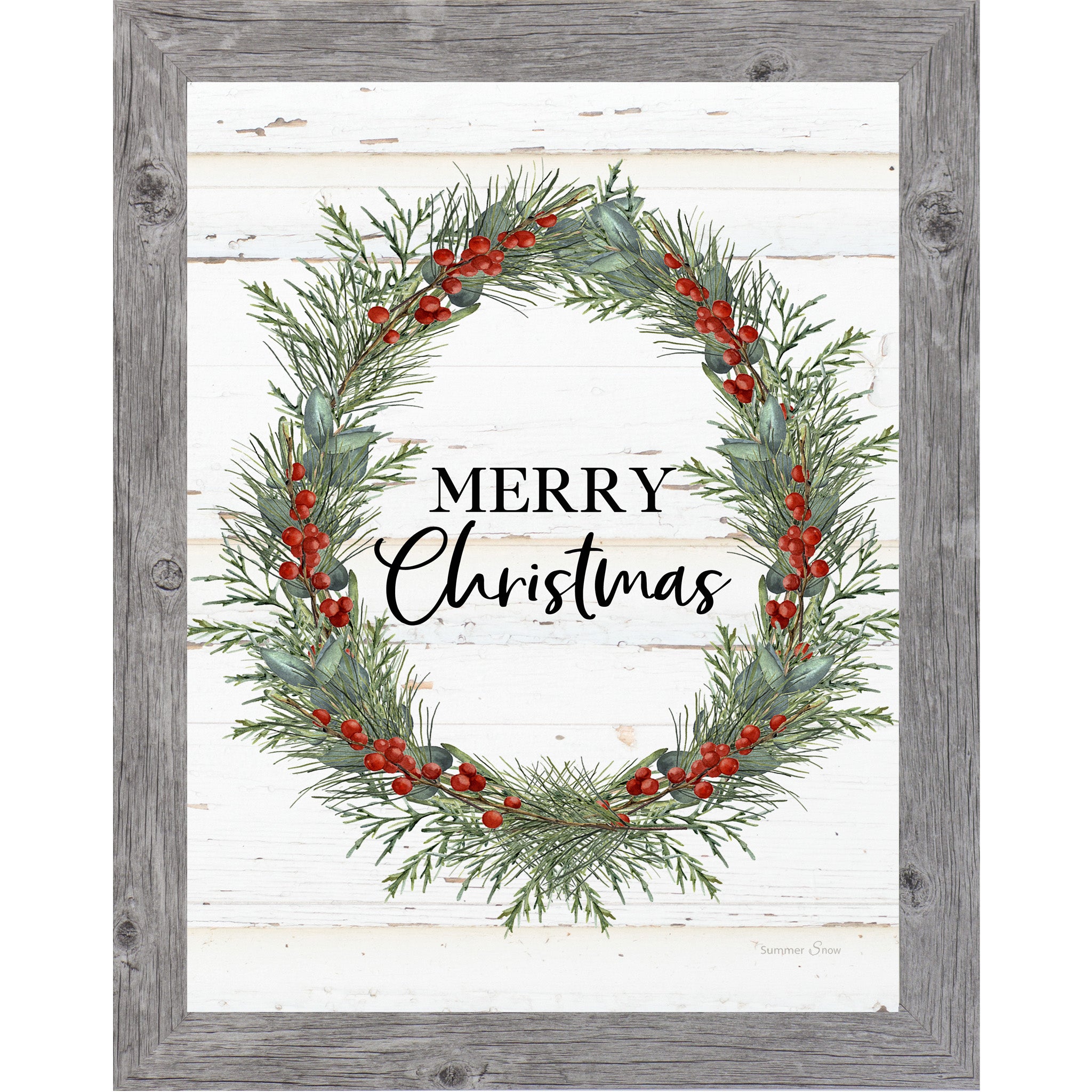 Merry Christmas Wreath Framed Wall Art – Vertical Christmas Decor with Green & Red Wreath | SS93