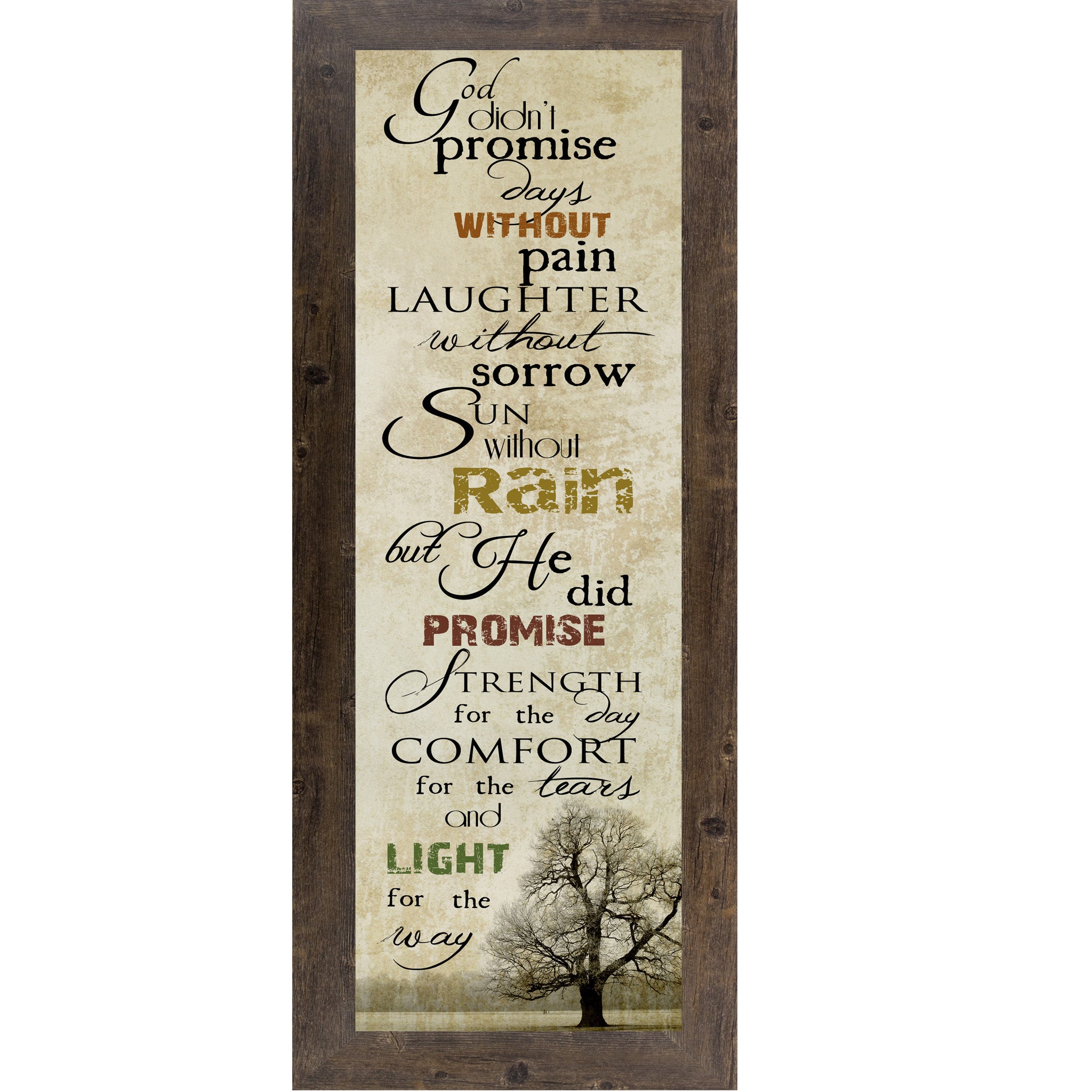 Christian inspirational framed wall art featuring the quote “God didn’t promise days without pain” with a muted field, bare tree, and forest background
