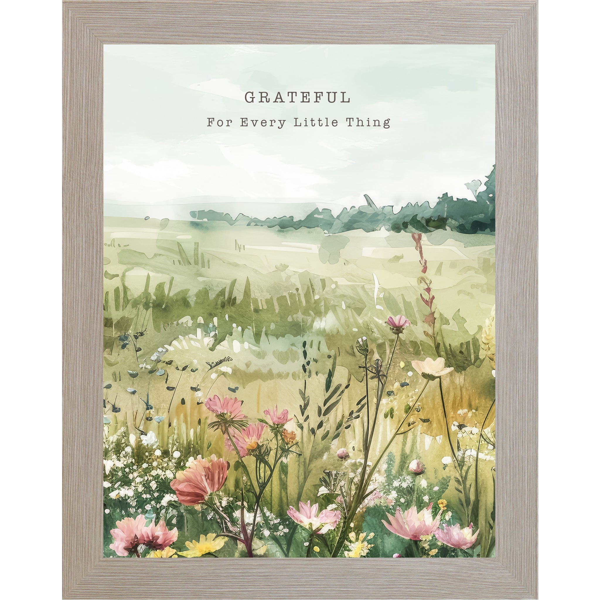 Watercolor meadow wall art featuring soft green fields, pink and yellow wildflowers, and an open sky in a calm, nature-inspired landscape