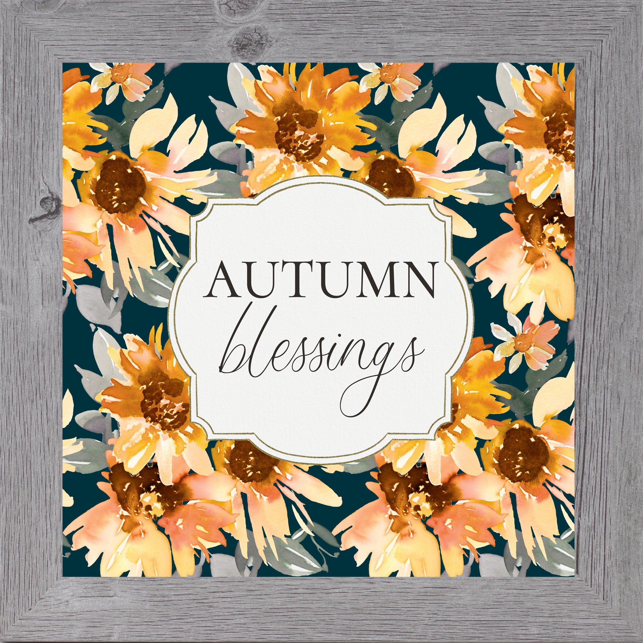 Gray framed square fall wall art featuring watercolor sunflowers in gold orange and peach on deep navy teal background with the words "Autumn Blessings" — SB307