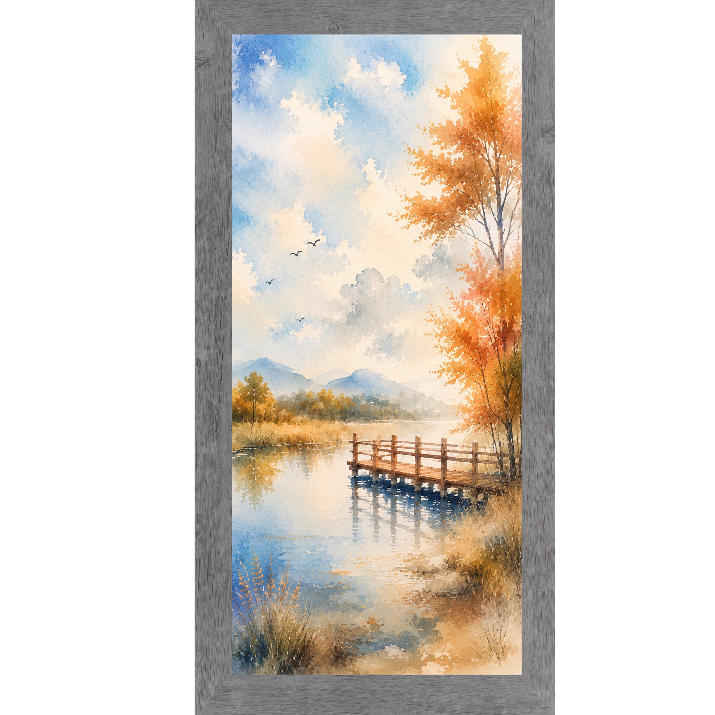 Gray framed tall portrait scenic wall art featuring a watercolor autumn pier over still lake water with golden autumn tree birds in sky and misty mountains
