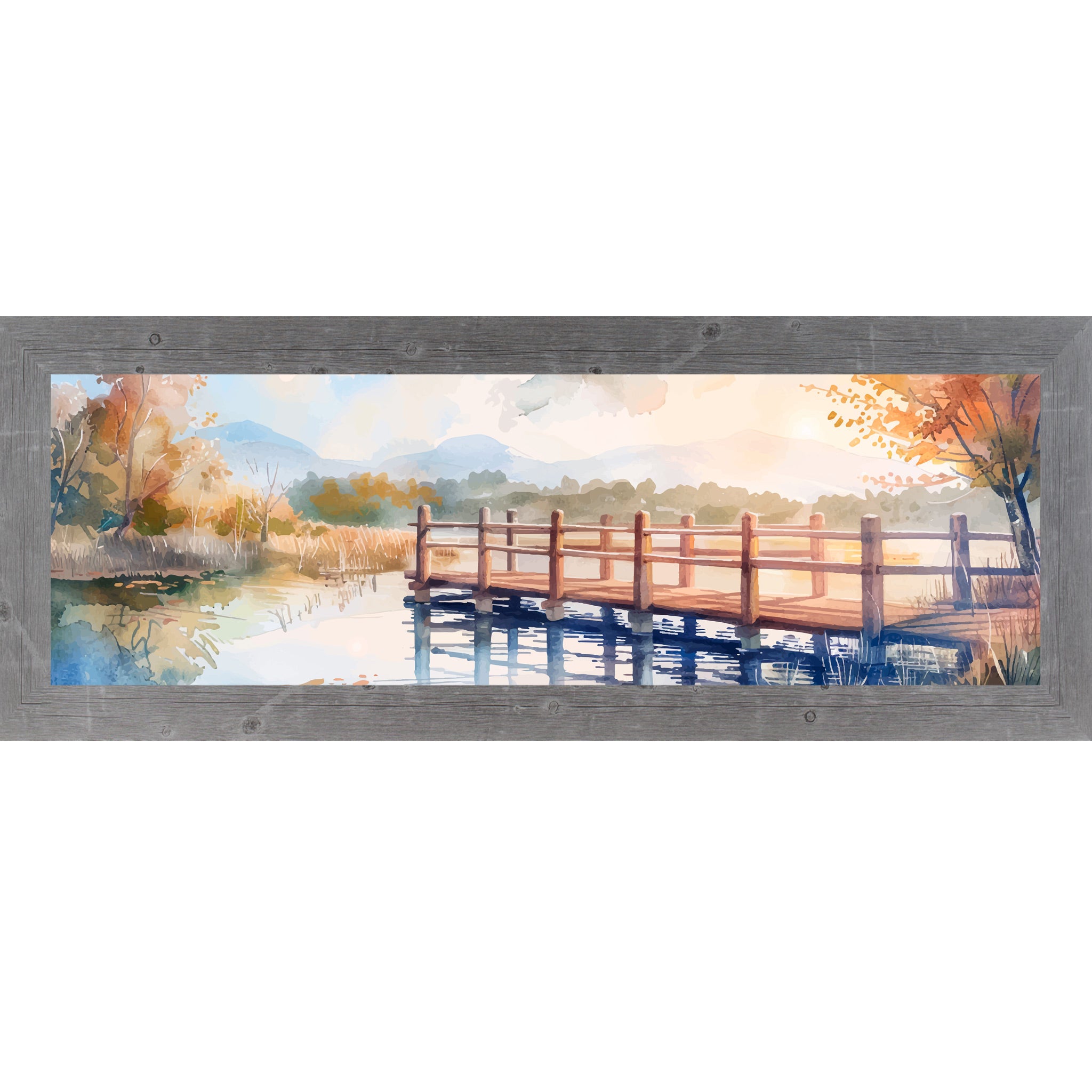 Gray framed wide panoramic scenic wall art featuring a watercolor autumn bridge over still lake water with golden sunburst amber autumn trees and misty mountains