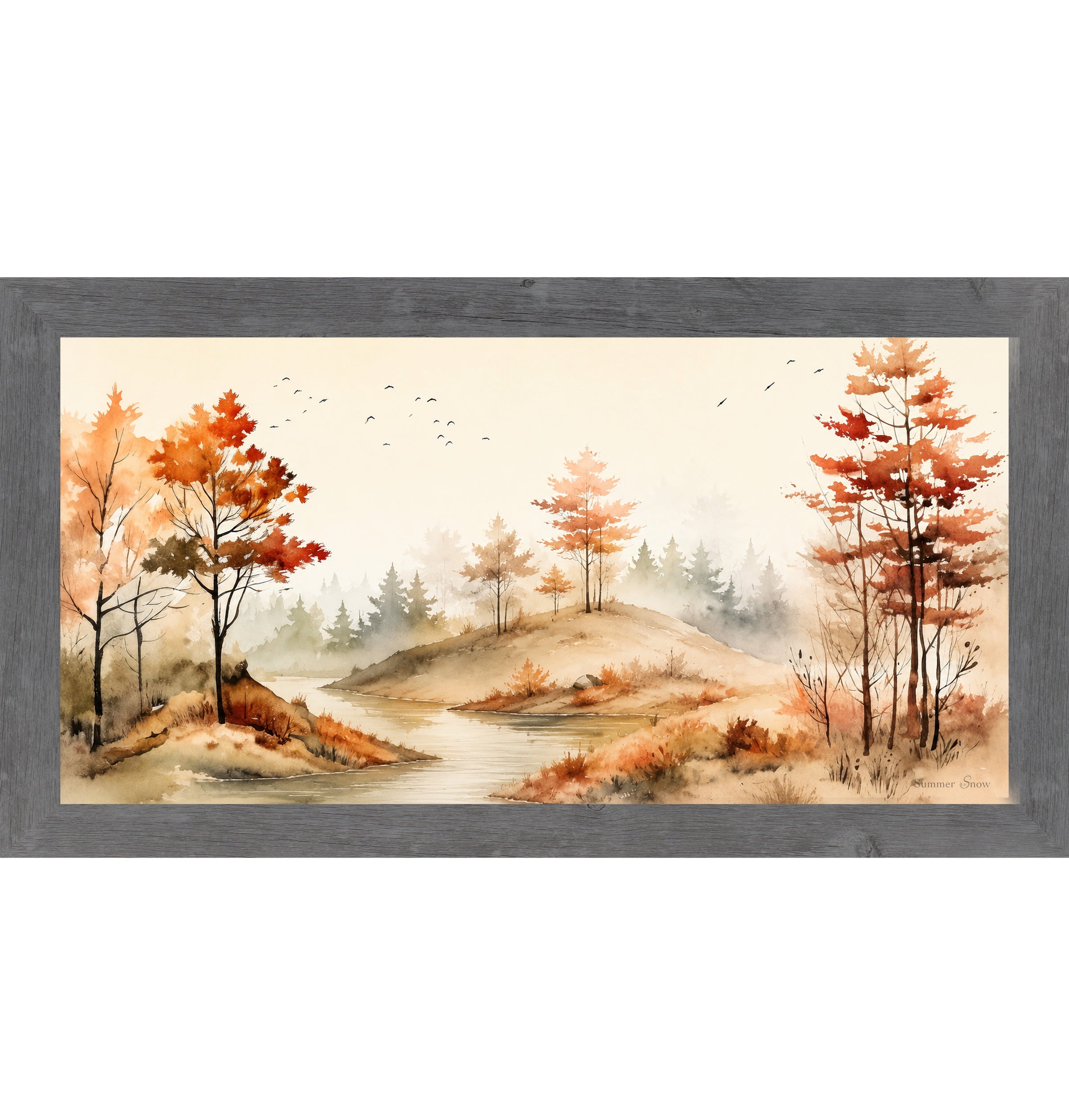 Gray framed wide landscape fall wall art featuring watercolor autumn river valley with amber and burnt orange trees birds in flight and misty evergreen forest — Autumn River SB764