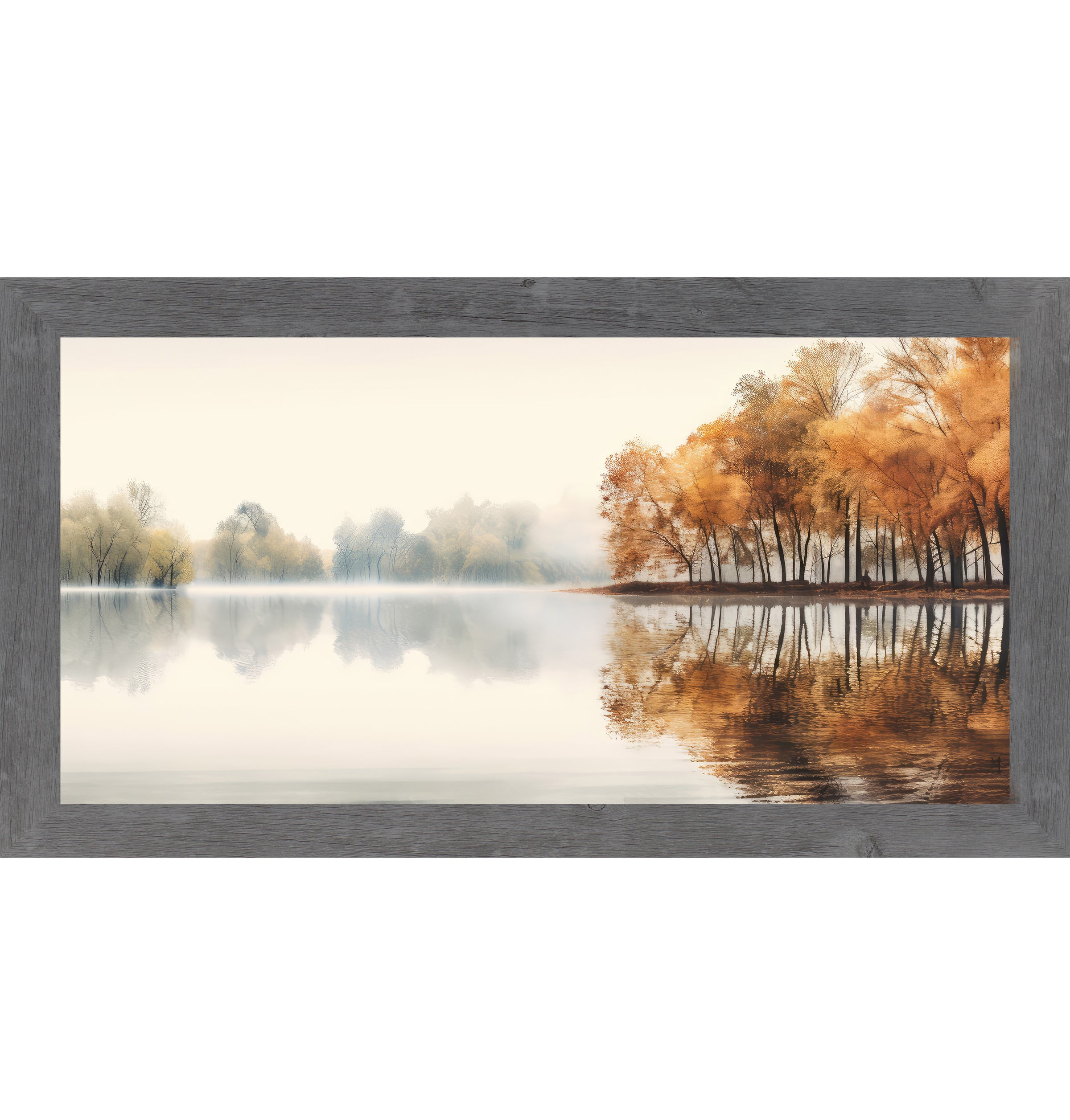 Gray framed wide landscape fall wall art featuring a misty autumn lake with amber and copper trees reflecting perfectly in still glassy water — Autumn's Mirror NS620