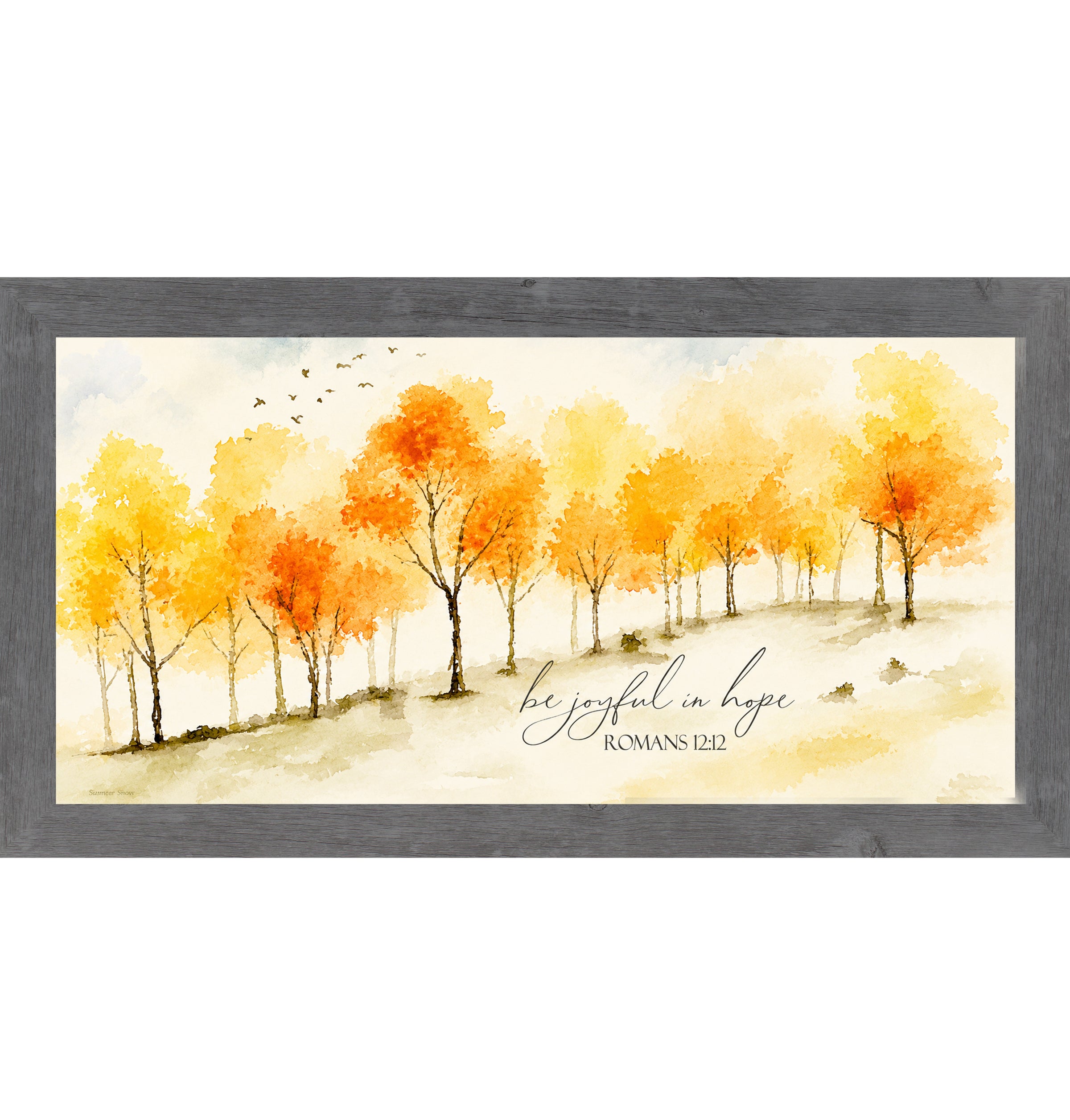 Gray framed wide landscape Christian scripture wall art featuring watercolor golden orange and yellow autumn trees with birds in flight and the words Be Joyful In Hope Romans 12:12 in elegant script on warm cream background — SN704