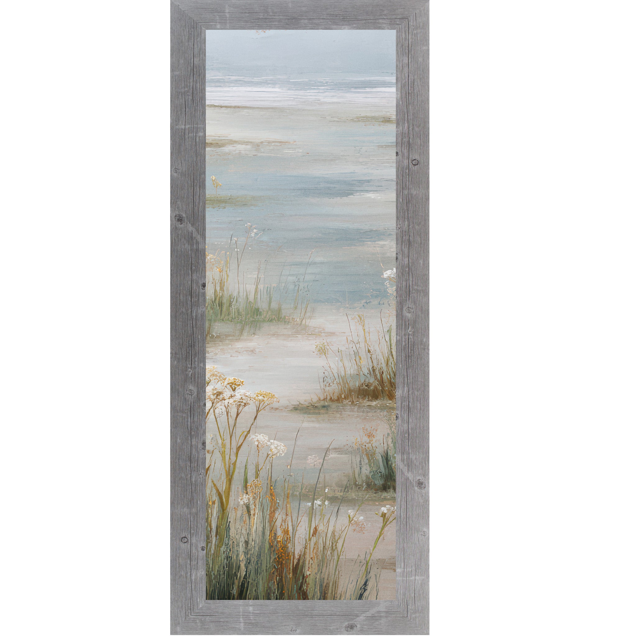 Gray framed narrow portrait coastal marsh wall art with golden amber marsh grasses white wildflowers and open tidal flat water reflection — center panel of coastal triptych