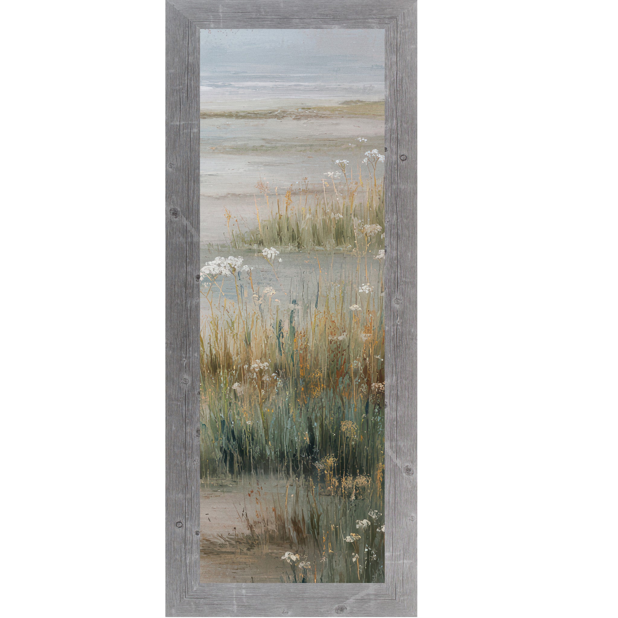 Gray framed narrow portrait coastal marsh wall art with deep teal marsh grasses golden wildflowers white Queen Anne's Lace and misty tidal flat — right panel of coastal triptych