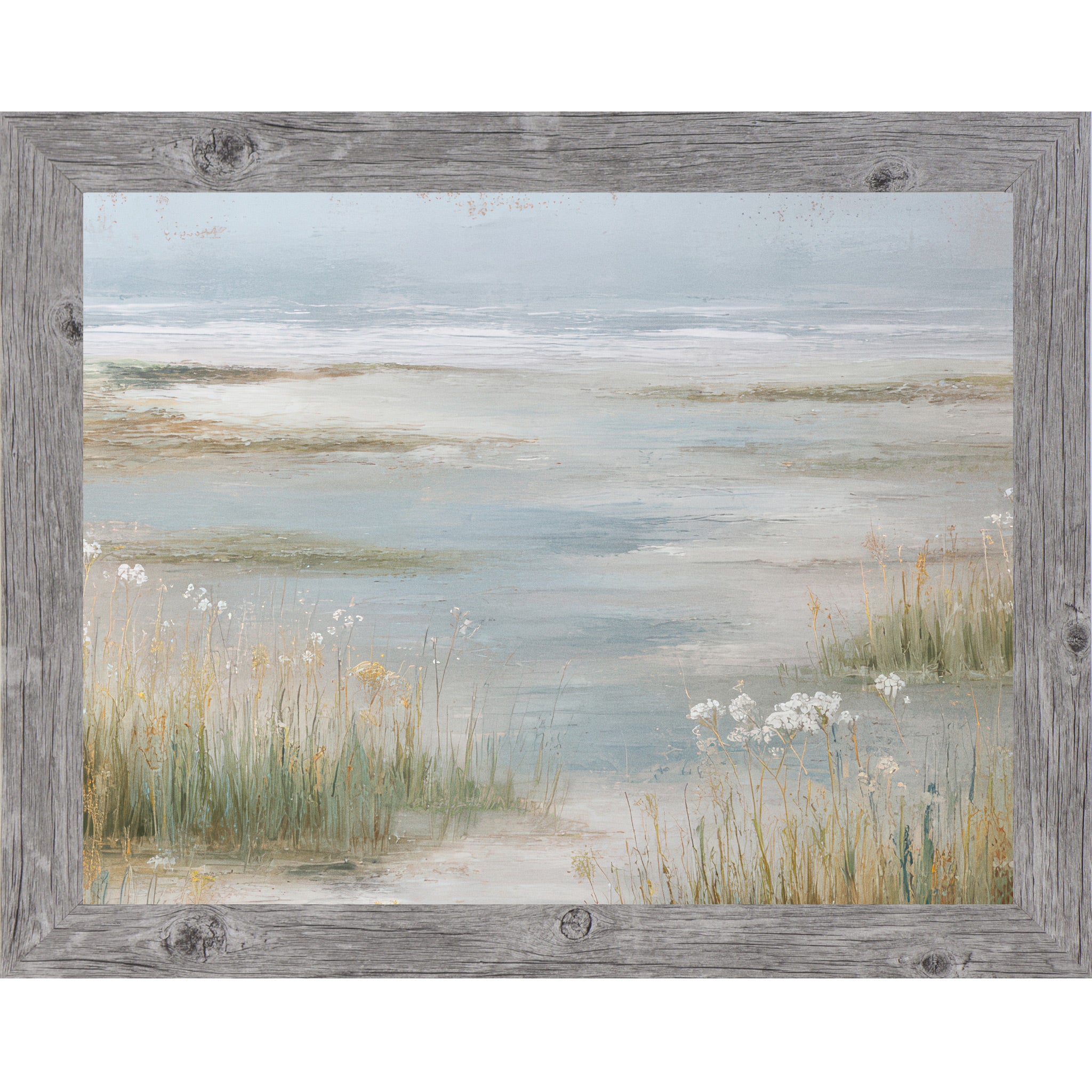 Gray framed landscape coastal marsh wall art with tall tidal grasses Queen Anne's Lace wildflowers and misty steel blue tidal flats — neutral painterly wetland scenic decor