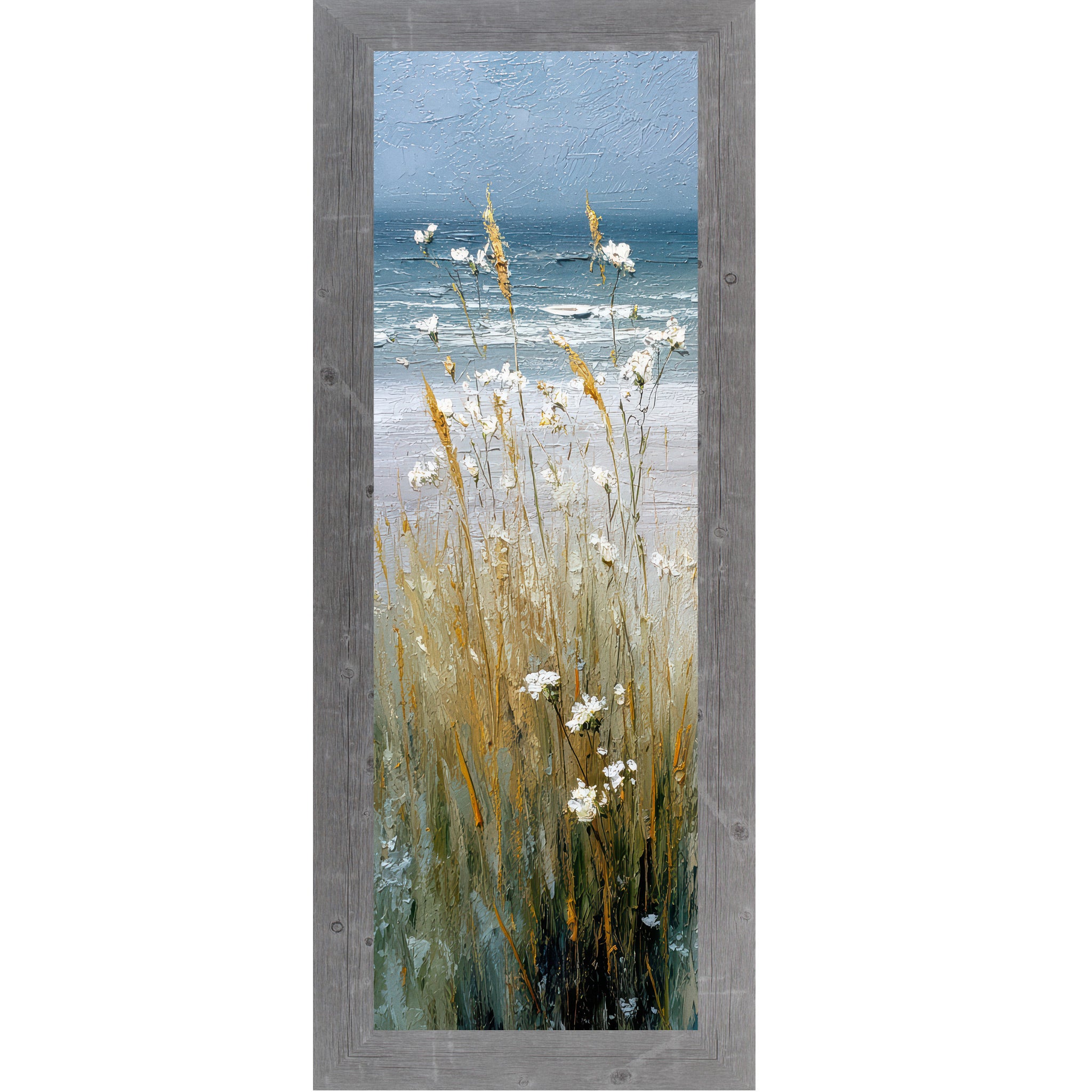 Gray framed narrow portrait coastal path center panel wall art featuring golden cattails and white wildflowers against a stormy teal ocean and heavy blue gray sky with no path visible