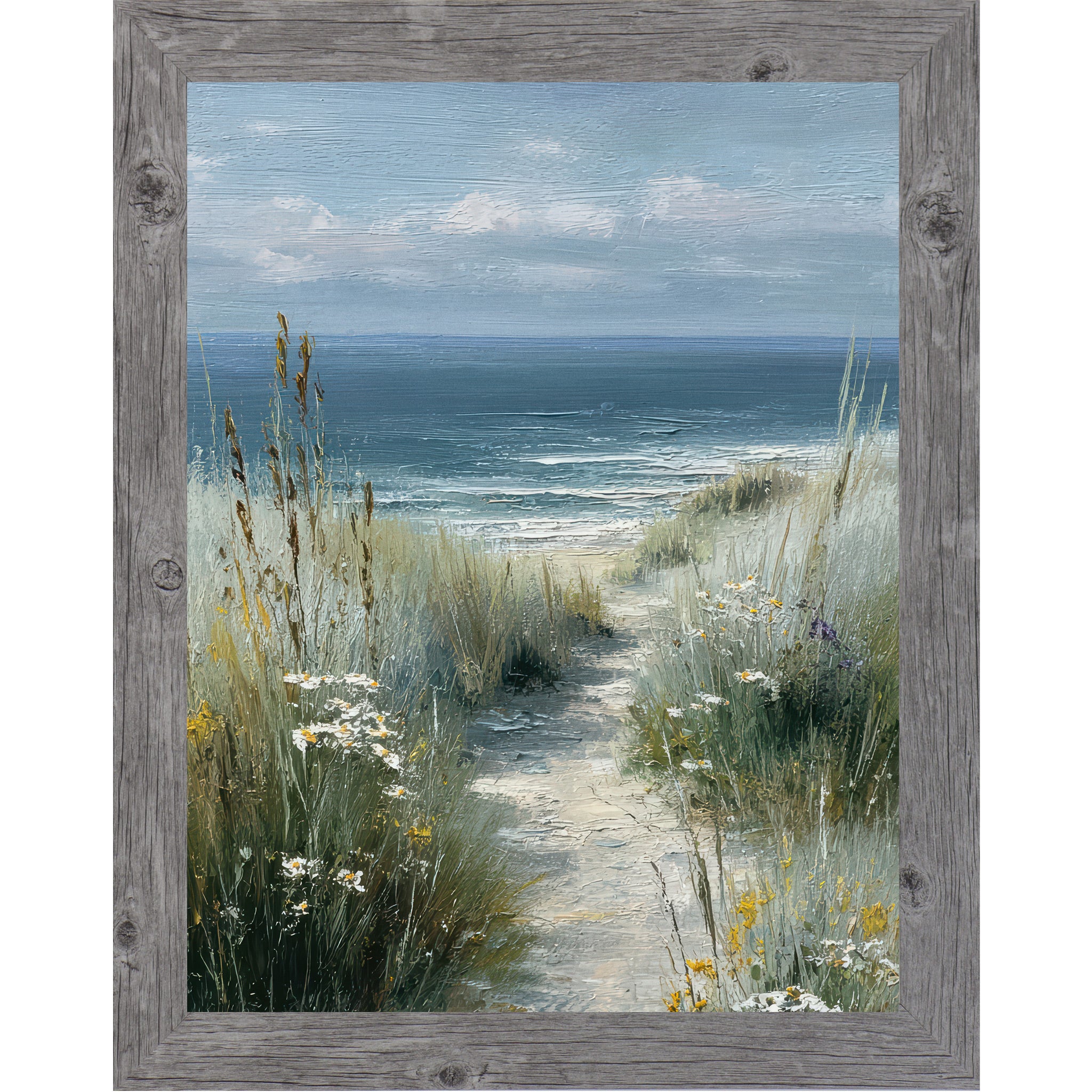 Gray framed portrait coastal path wall art featuring a sandy beach path winding through tall sea grasses white daisies and yellow wildflowers toward deep teal ocean waves under a pale blue sky