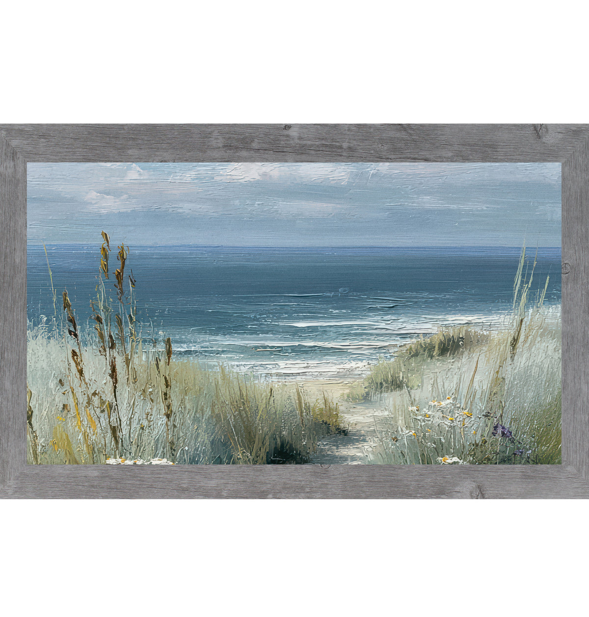 Gray framed wide landscape coastal path wall art featuring golden cattails and sea grasses with white and yellow wildflowers framing a sandy beach path leading to deep teal ocean under a soft blue gray sky