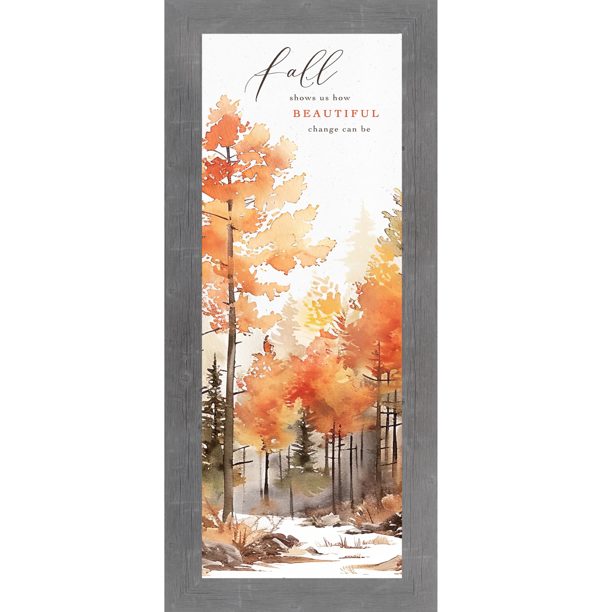 Gray framed narrow portrait fall wall art featuring vivid watercolor autumn orange gold and red forest trees with the words Fall Shows Us How Beautiful Change Can Be in elegant mixed typography — SN784