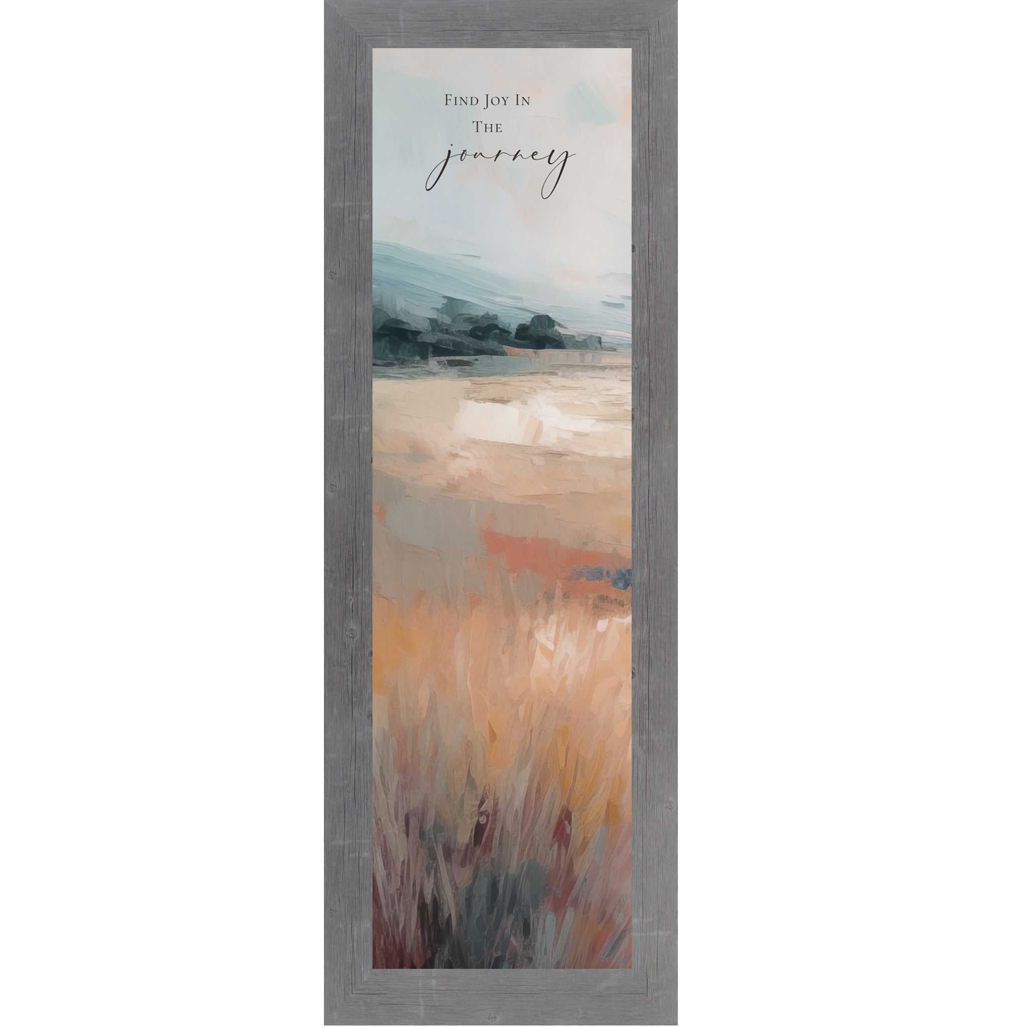 Gray framed narrow portrait inspirational wall art with Find Joy In The Journey quote over a terracotta abstract landscape with soft blue-grey sky and warm amber field with burgundy foreground grasses