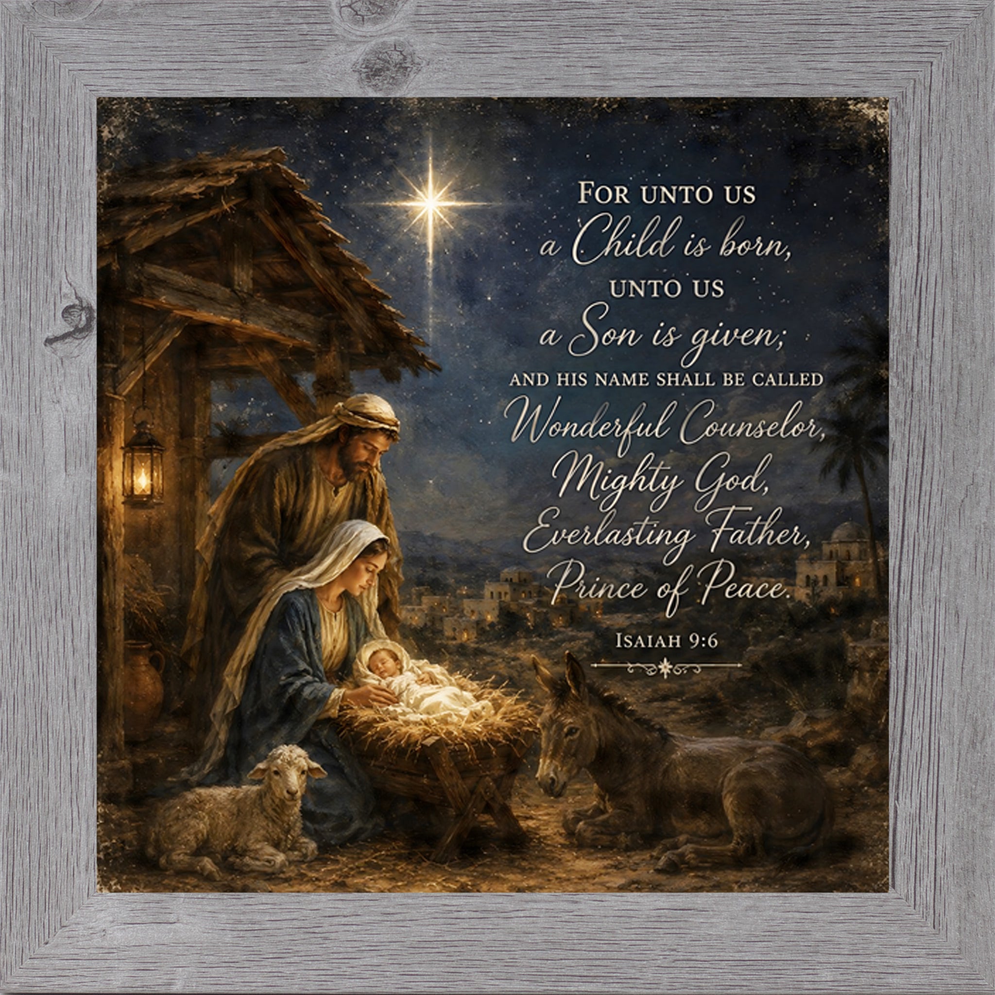 Gray framed square nativity Christmas wall art featuring Mary and Joseph at the manger under the Star of Bethlehem with Isaiah 9:6 scripture text