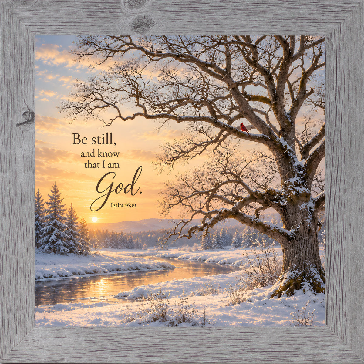 Be Still and Know That I Am God wall art in gray frame, cardinal in winter oak tree