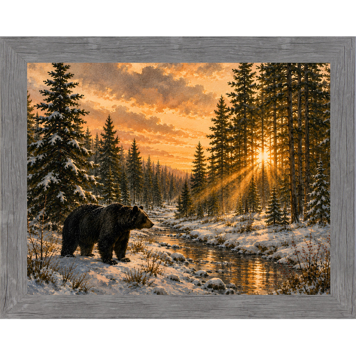 Gray framed landscape wall art featuring a black bear walking along a sunlit forest creek at golden hour